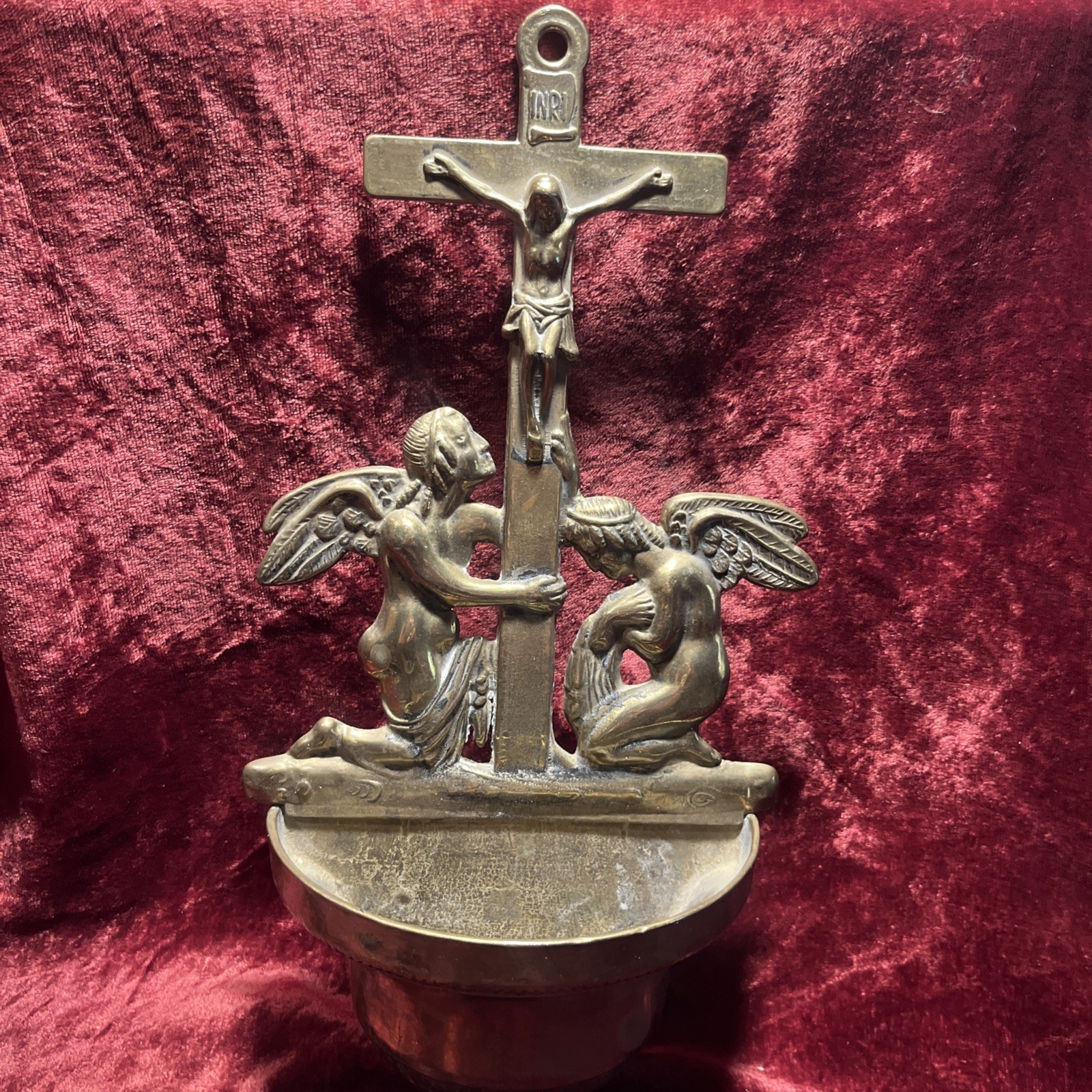 Vintage Brass Holy Water Font - Crucifixion with Kneeling Angels Catholic Item