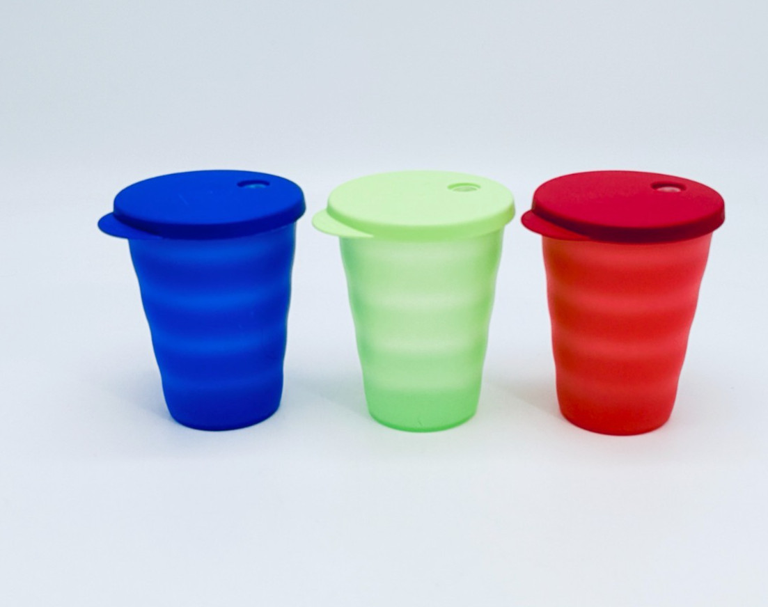 Lot of 3 Tupperware Impressions 11oz Tumblers #3218 w/ Lids #3219 Straw Holes