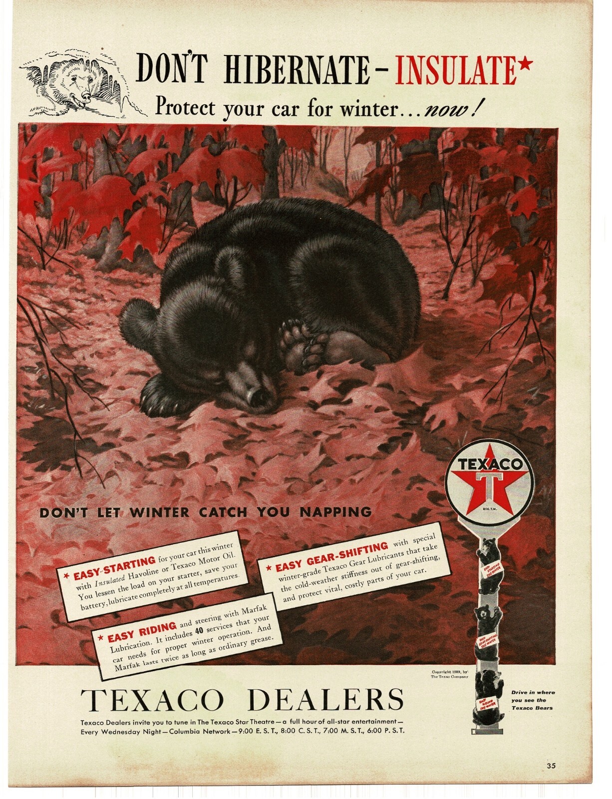 1939 Texaco Dealers Bears on sign hibernating bear Vintage Print Ad