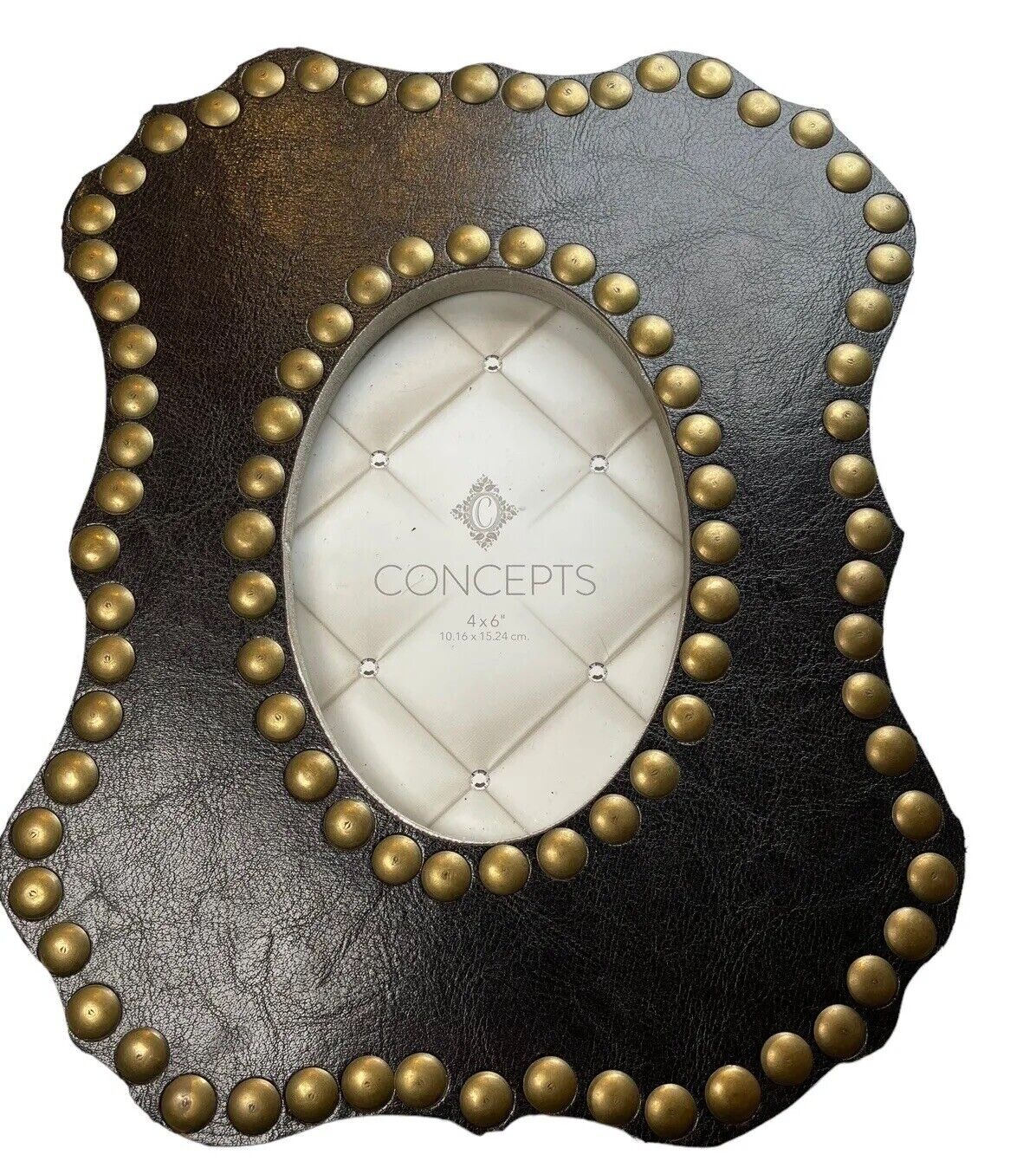 Concepts Black Leather Scalloped Shaped Picture Frame W/ Gold Metal Buttons 4x6