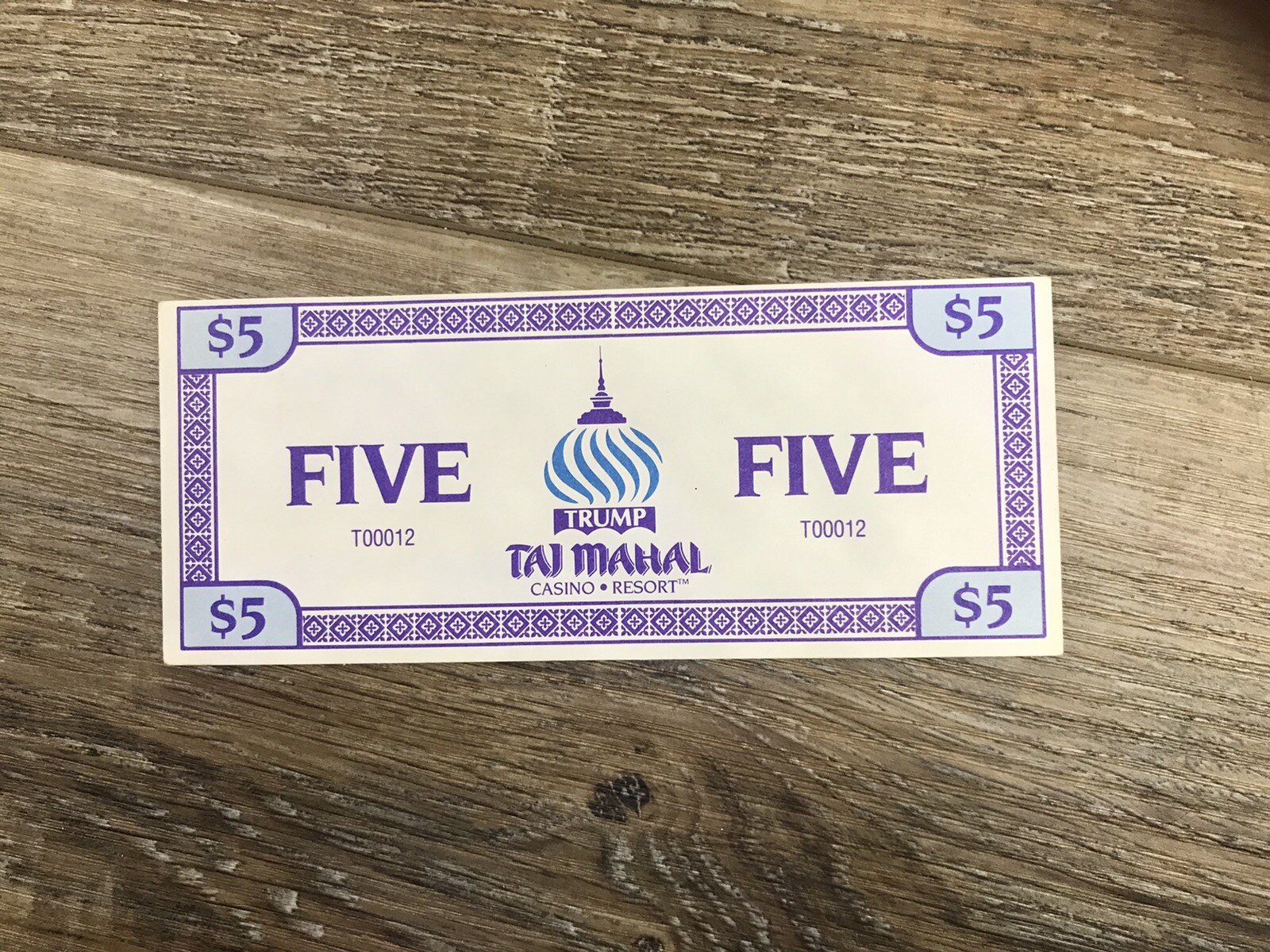 Obsolete Trump Taj Mahal $5 Bill Paper 