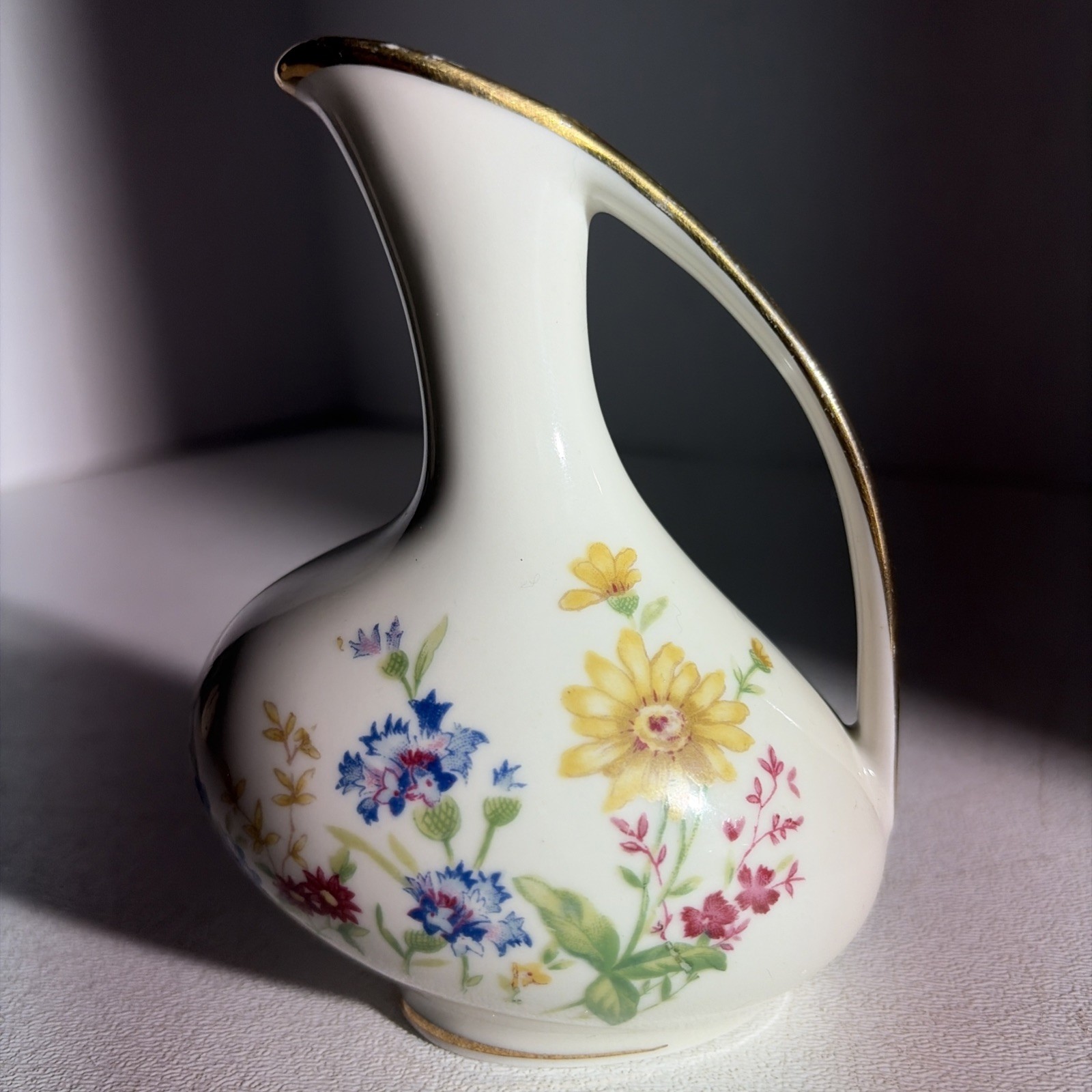 Vintage Alka Bavaria Porcelain Miniature Pitcher Vase Floral White Gold