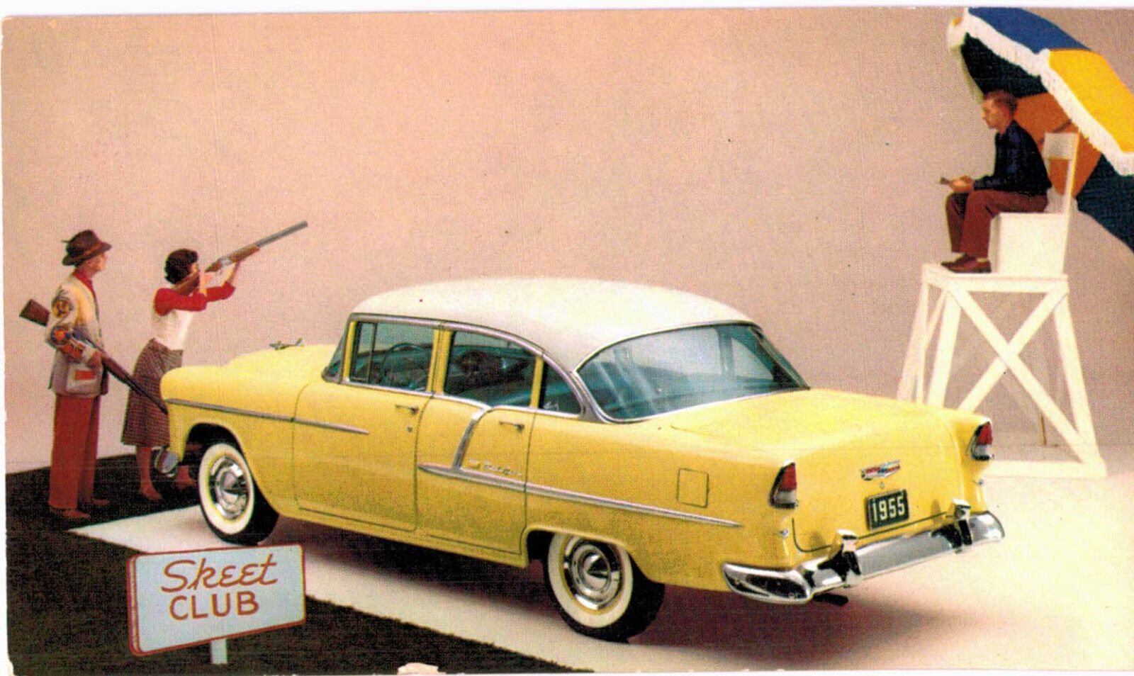 1955 Original Postcard Chevrolet Bel Air 4-Door Sedan India Ivory Harvest Gold