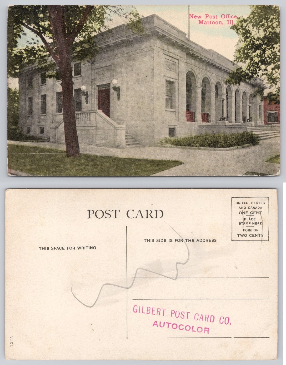 New Post Office Mattoon Illinois Postcard Gilbert Autocolor c1910s