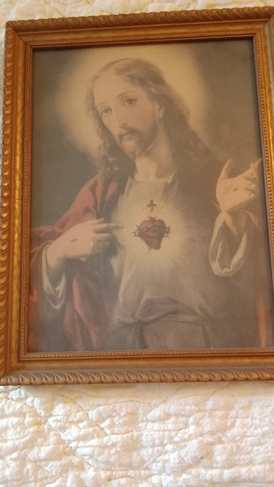 Catholic Religious Art Vintage Sacred Heart of Jesus Print w Ornate Frame