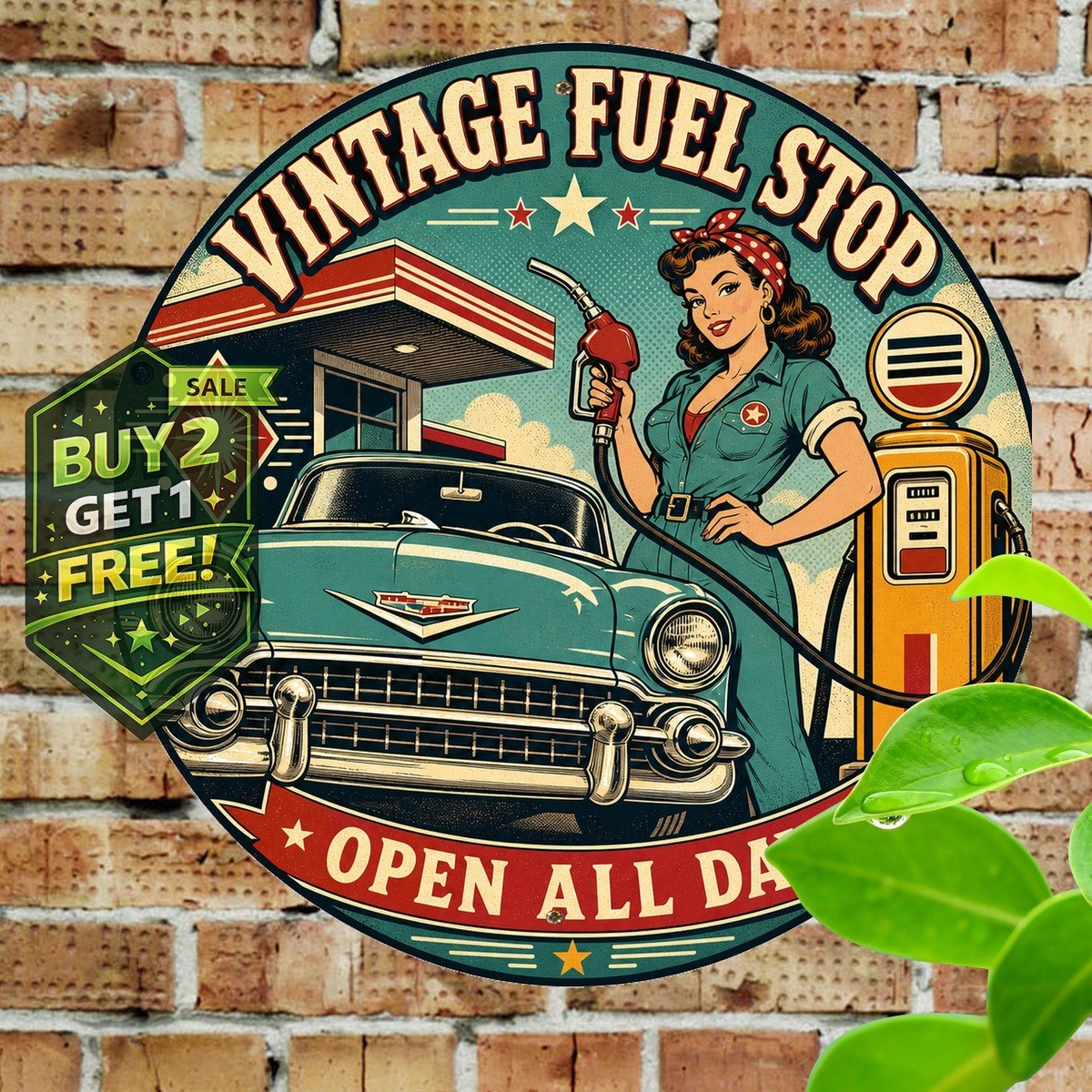 Classic Gas Station Round Metal Sign Retro Garage Service Wall Decor 8x8
