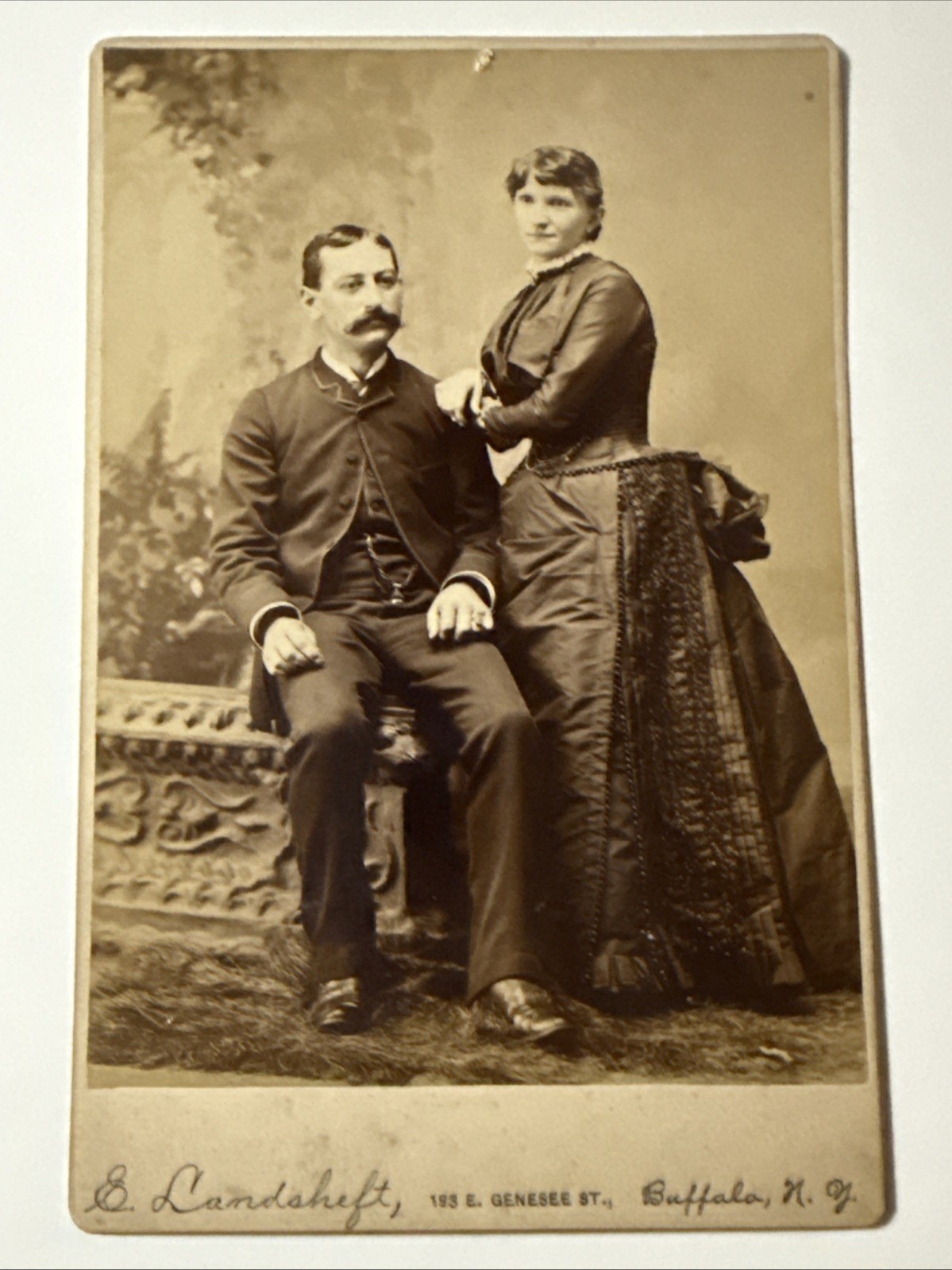 Elaborate DRESS Bustle BUFFALO New York Couple Antique Cabinet Card Photo 1890s