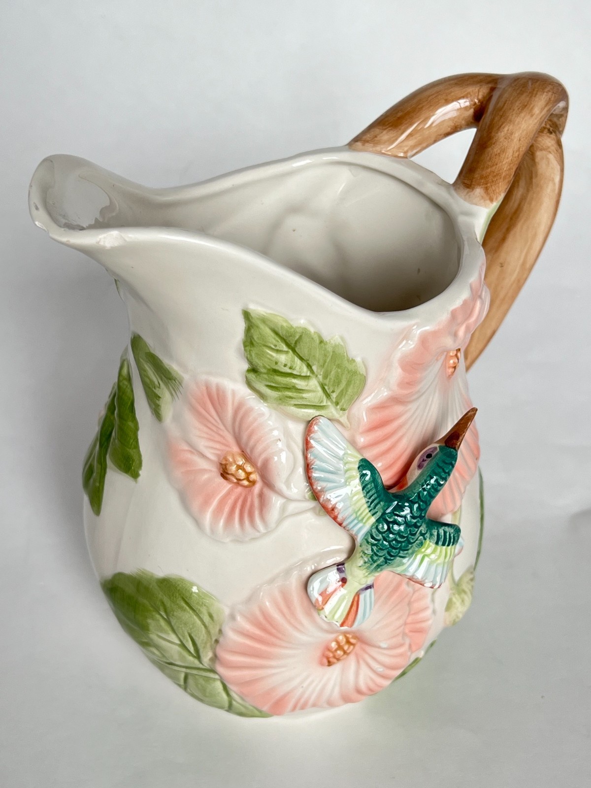 Vintage 1987 Fitz and Floyd Hummingbird Hibiscus 2 QT Ceramic Pitcher - AS IS