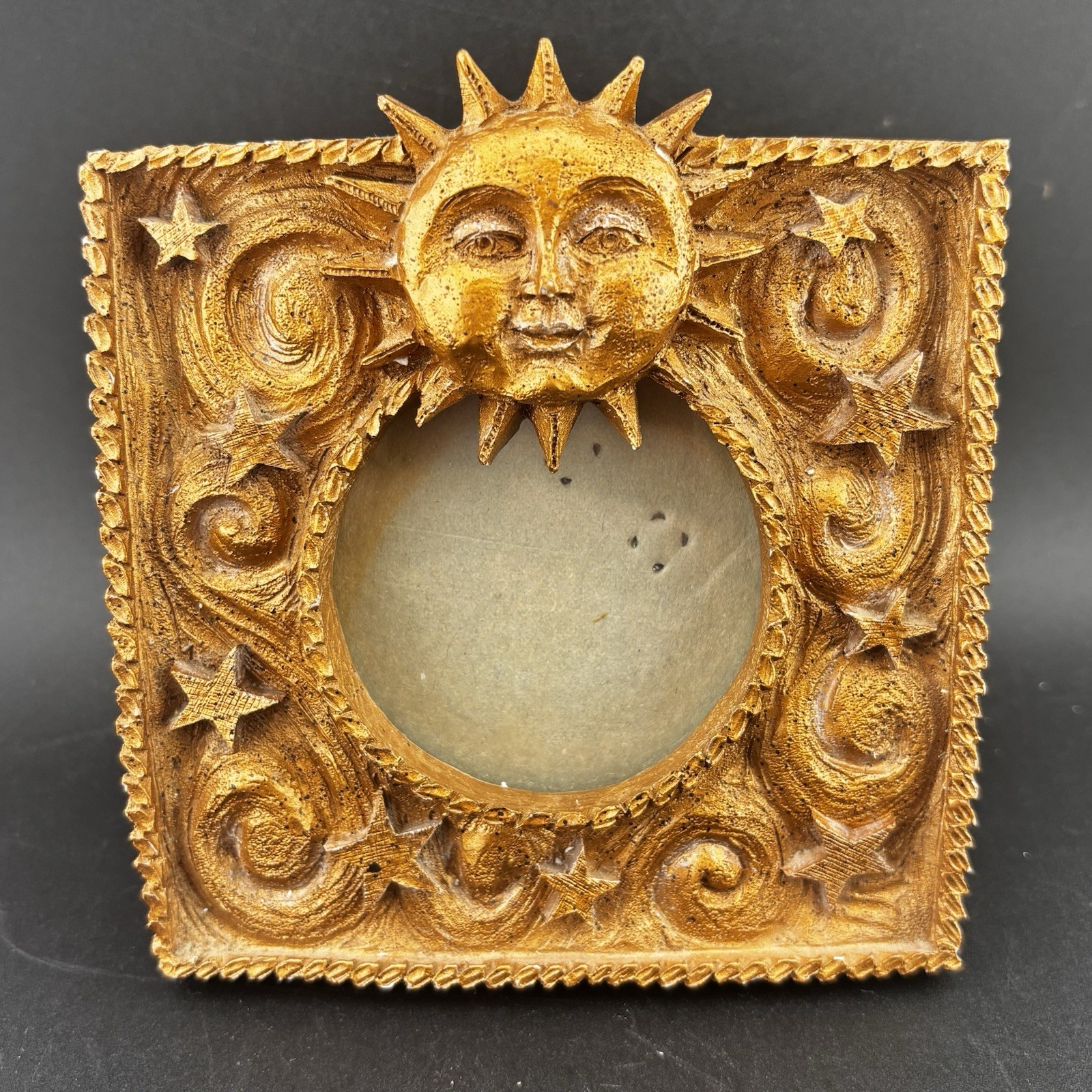 Vtg Celestial Sun And Star Picture Frame Antique Gold Finish Boho Gray Felt Back
