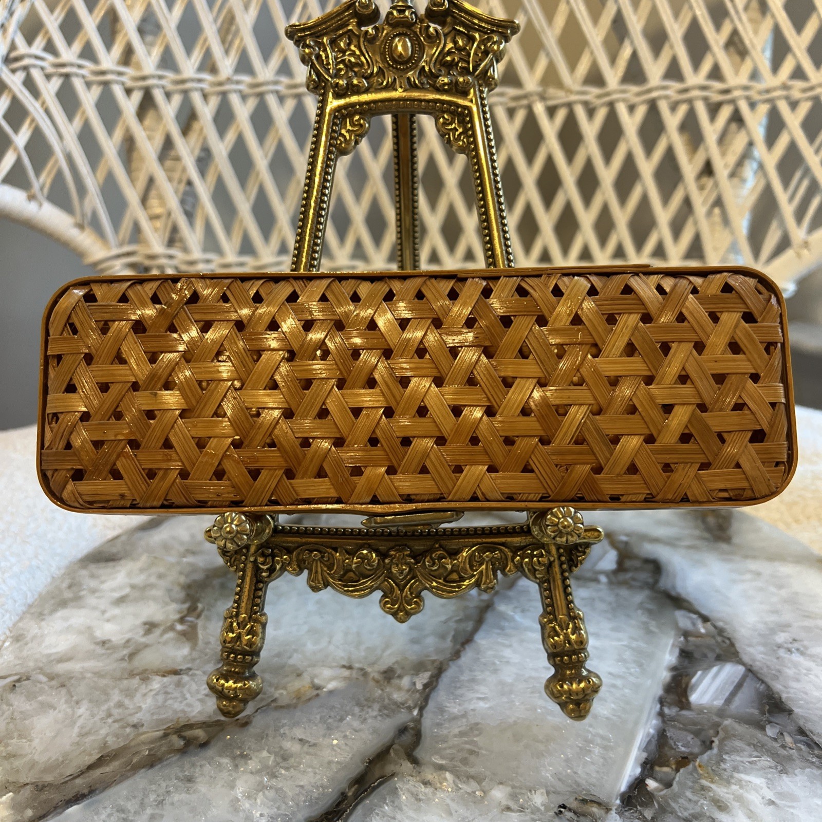 Vintage Lillian Vernon Woven Rattan Wicker Trinket Box Brass Latch Jewelry Case