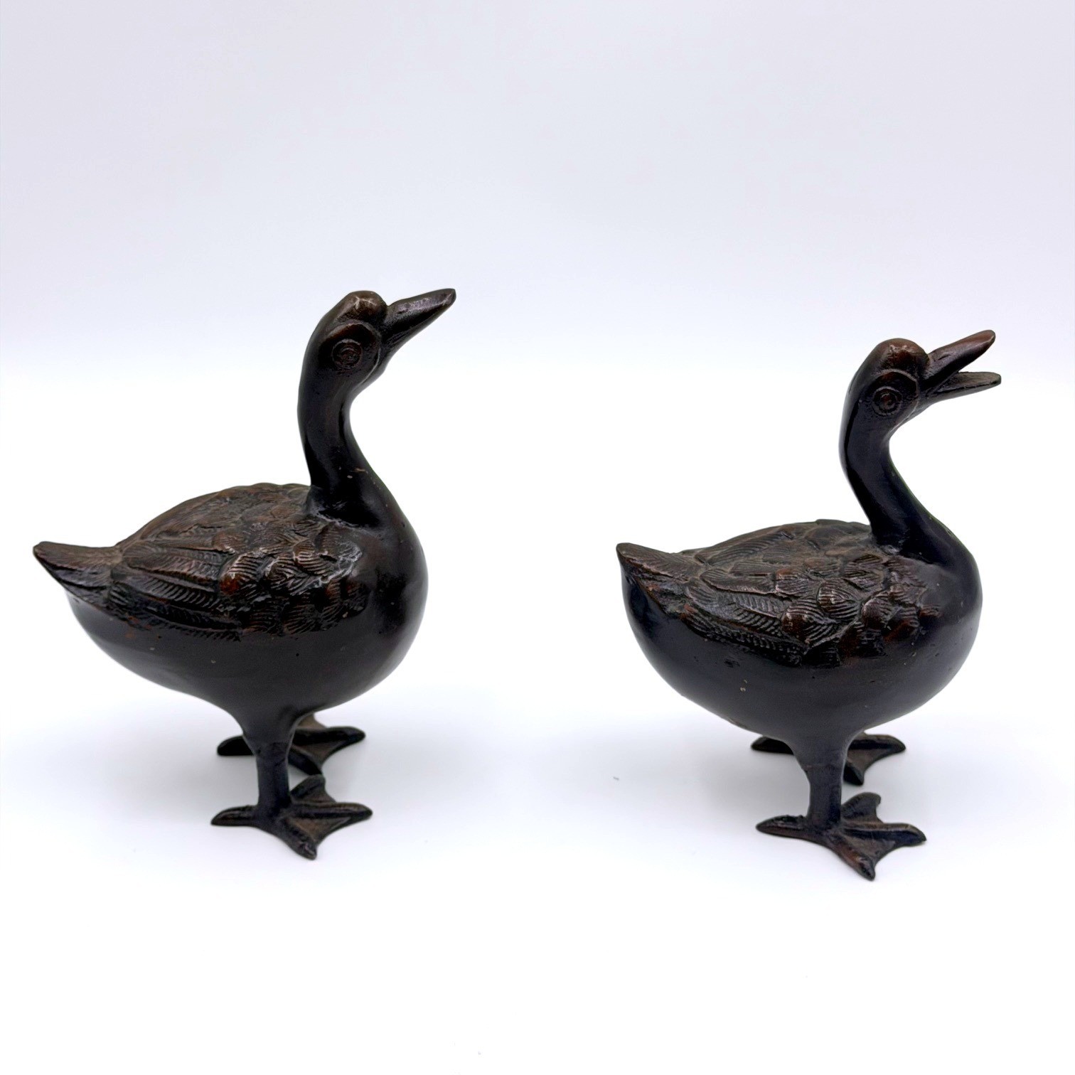 Vintage Pair Cast Metal Duck Figurines Dark Bronze Tone Heavy Bird Statues 6in