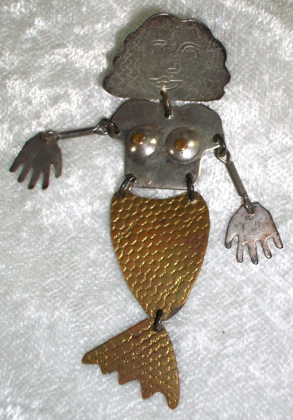 Vintage Brutalist Artisan Signed Hood Mixed Metal Articulated Mermaid Brooch Pin
