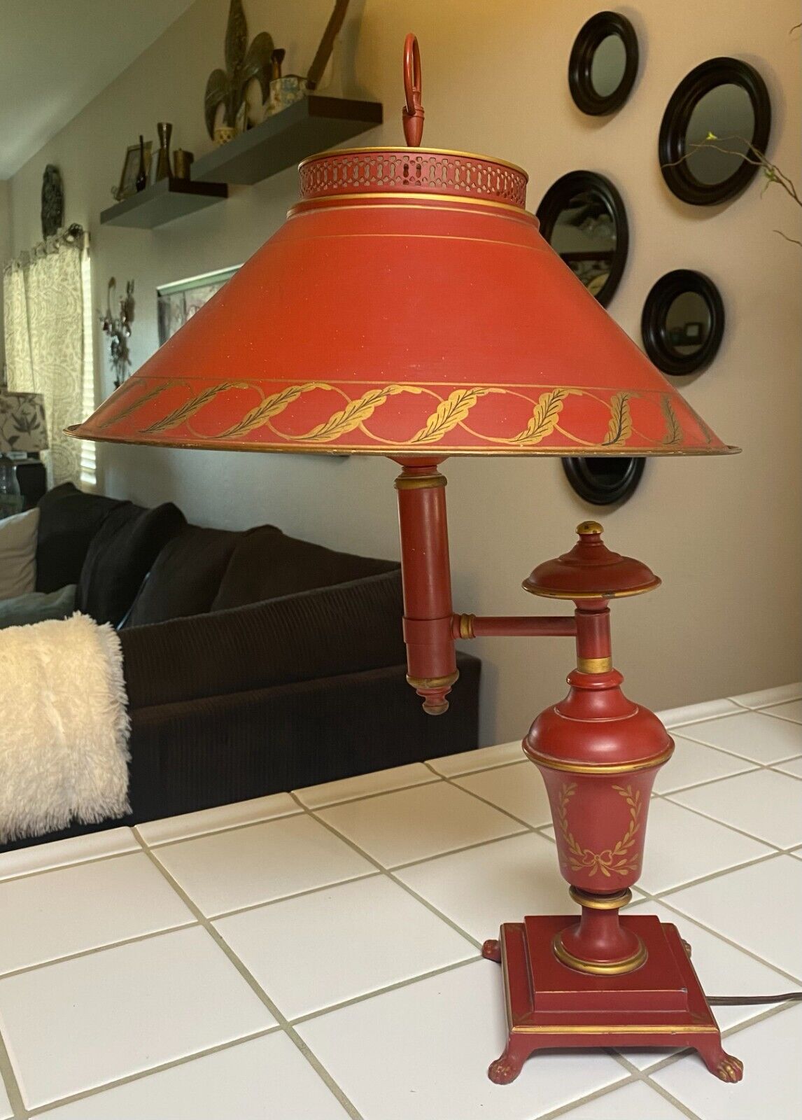 Vintage Red Gold Tole Style Painted Desk Table Lamp French NEEDS SHADE 971A