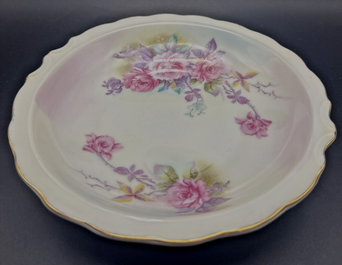 Lefton China Shallow Bowl Dish Pink Purple Rose VTG Hand painted Scalloped 7 1/8