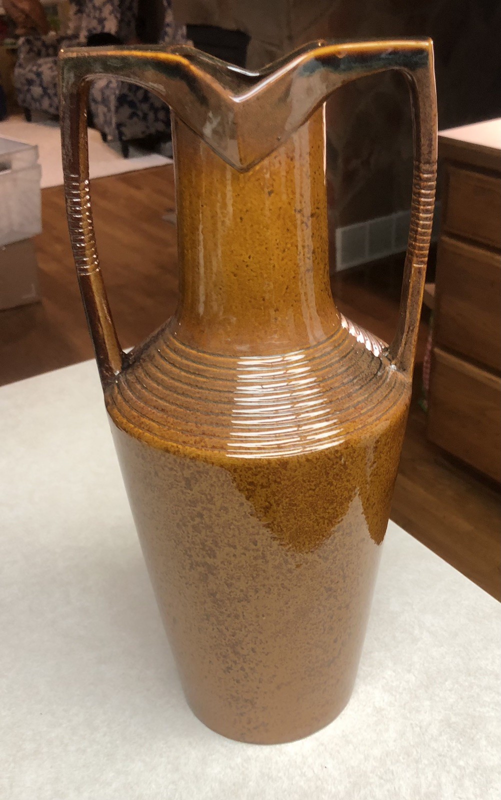 Grecian Amphora Egyptian Revival Vase – Art Deco Brown Pottery – 4688P  14 1/2”