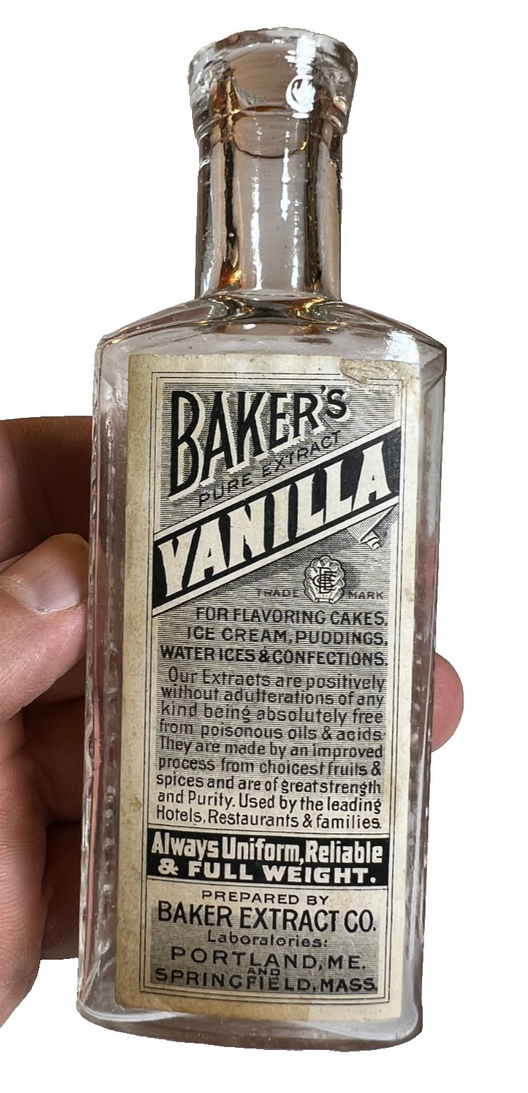 Antique Baker’s Pure Extract Vanilla Bottle Label Portland Maine Springfield MA