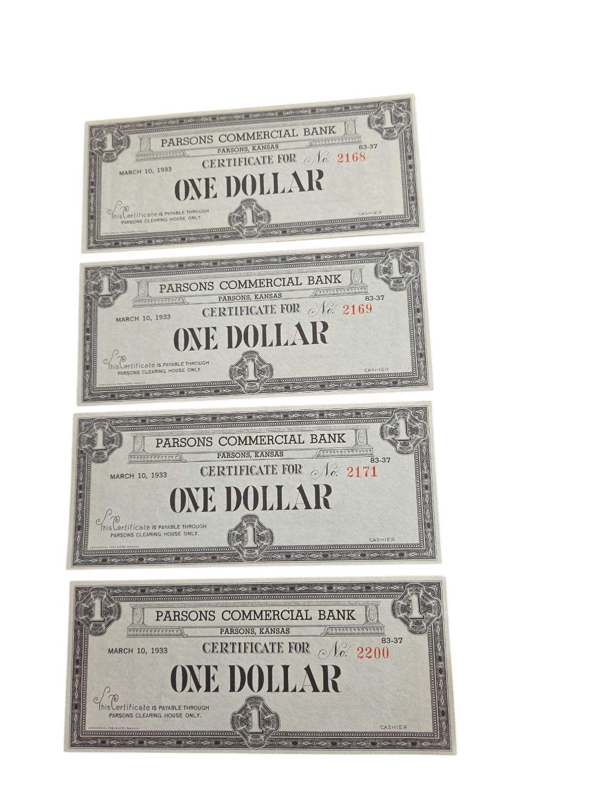 Lot of 4 1933 Parsons Commercial Bank $1 Clearing House Certificates Kansas...