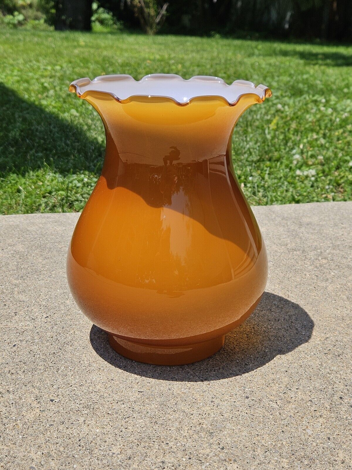 Large Antique Vintage Hurricane Glass Shade Scalloped Edge Amber/Honey 