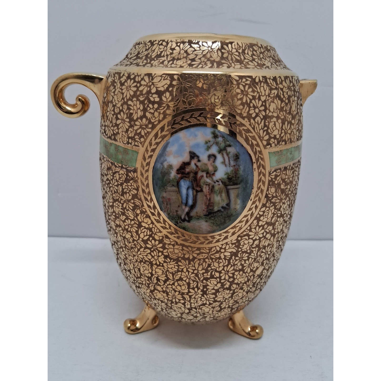 AK Kaiser Bavaria Gold Porcelain Fragonard Romantic Scene Footed Vase Pitcher AK Kaiser Bavaria Gold Porcelain Fragonard Romantic Scene Footed Vase Pitcher