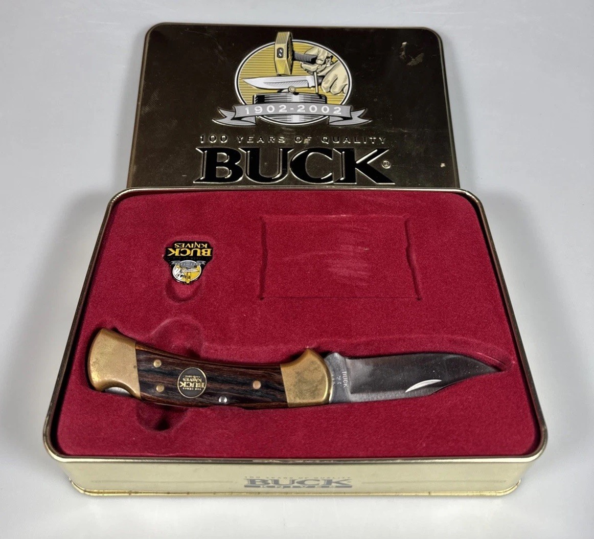 Buck 100th Anniversary Folding Knife 1902-2002 USA Wood Brass Tin & Pin