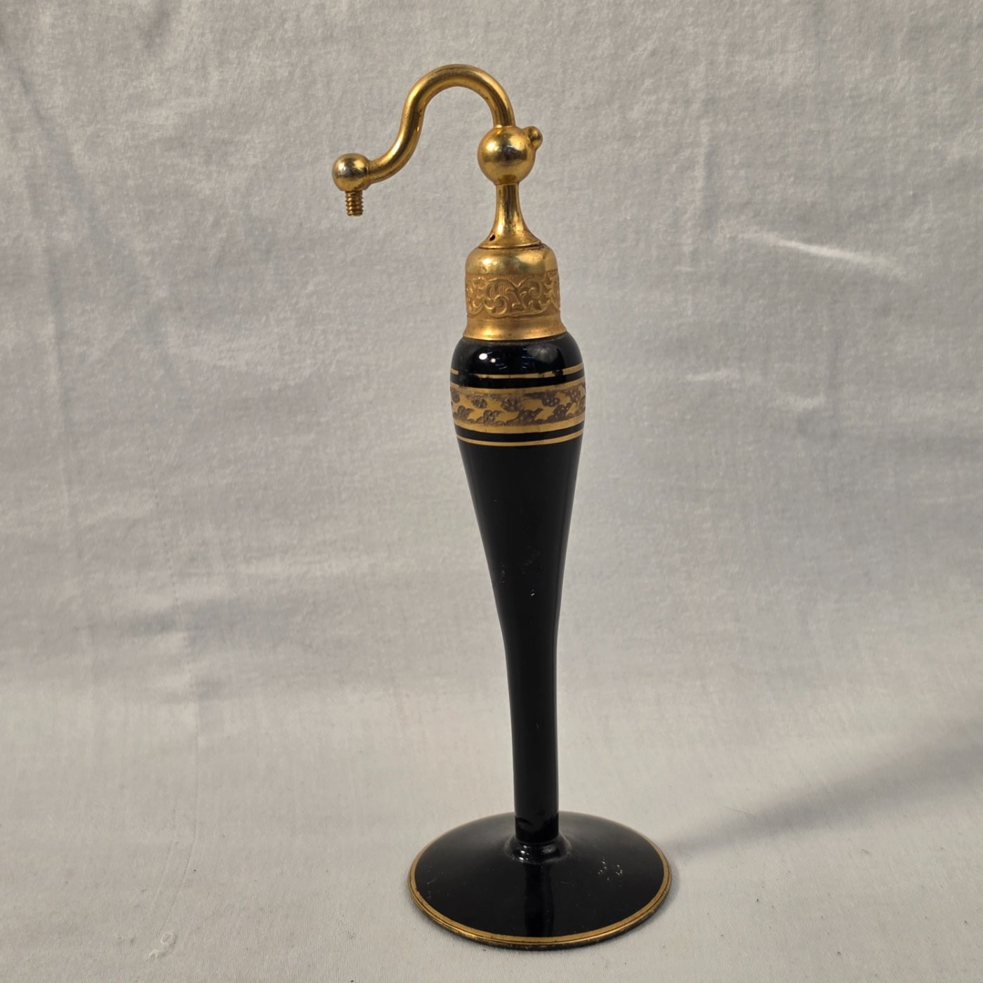 DeVilbiss Vintage Black Glass Perfume Atomizer Gold Enamel Gilt 6.25