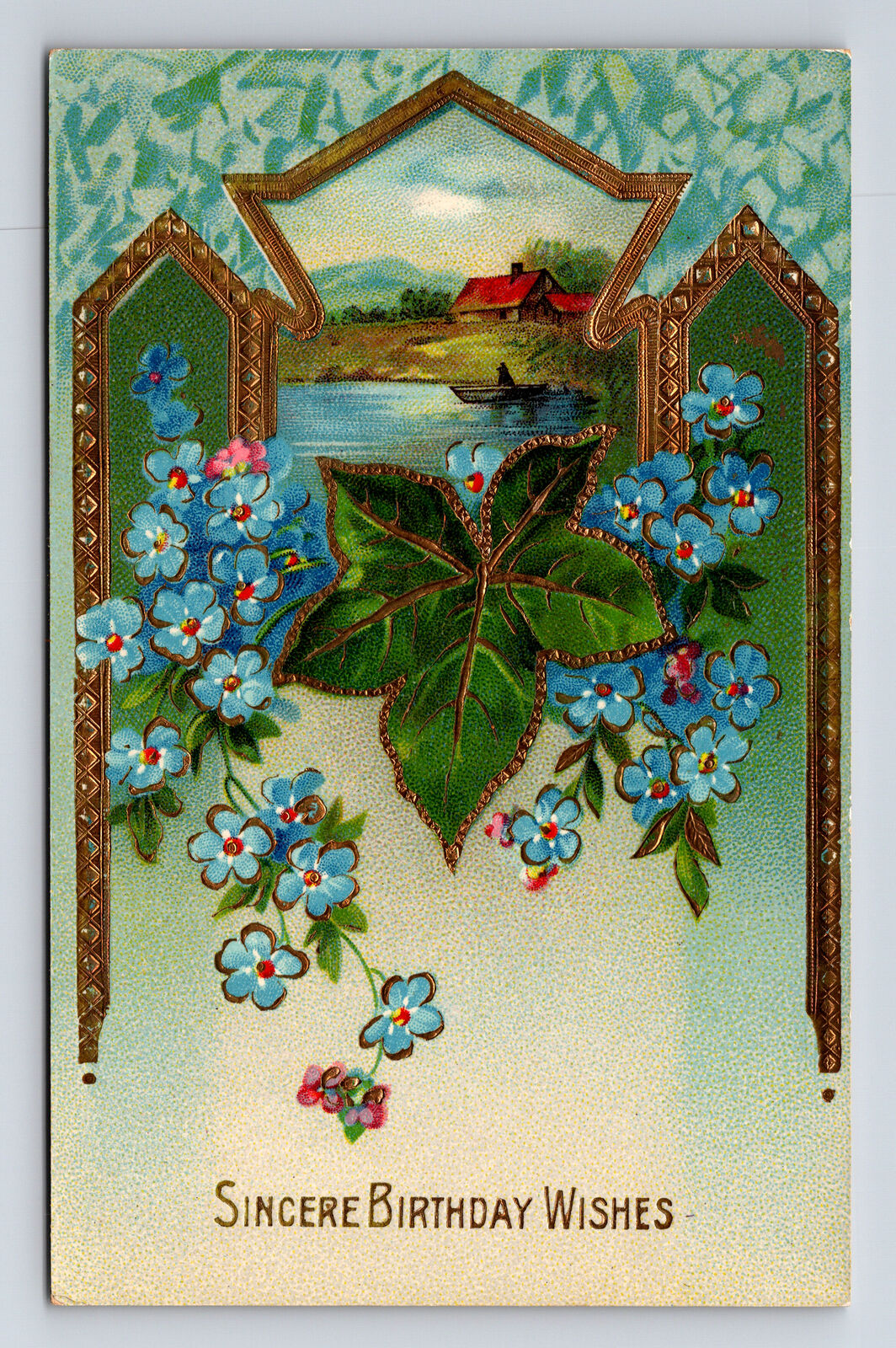 Bamforth Birthday Wishes Blue Bonnet Flowers Farm Scene Lake Row Boat Postcard