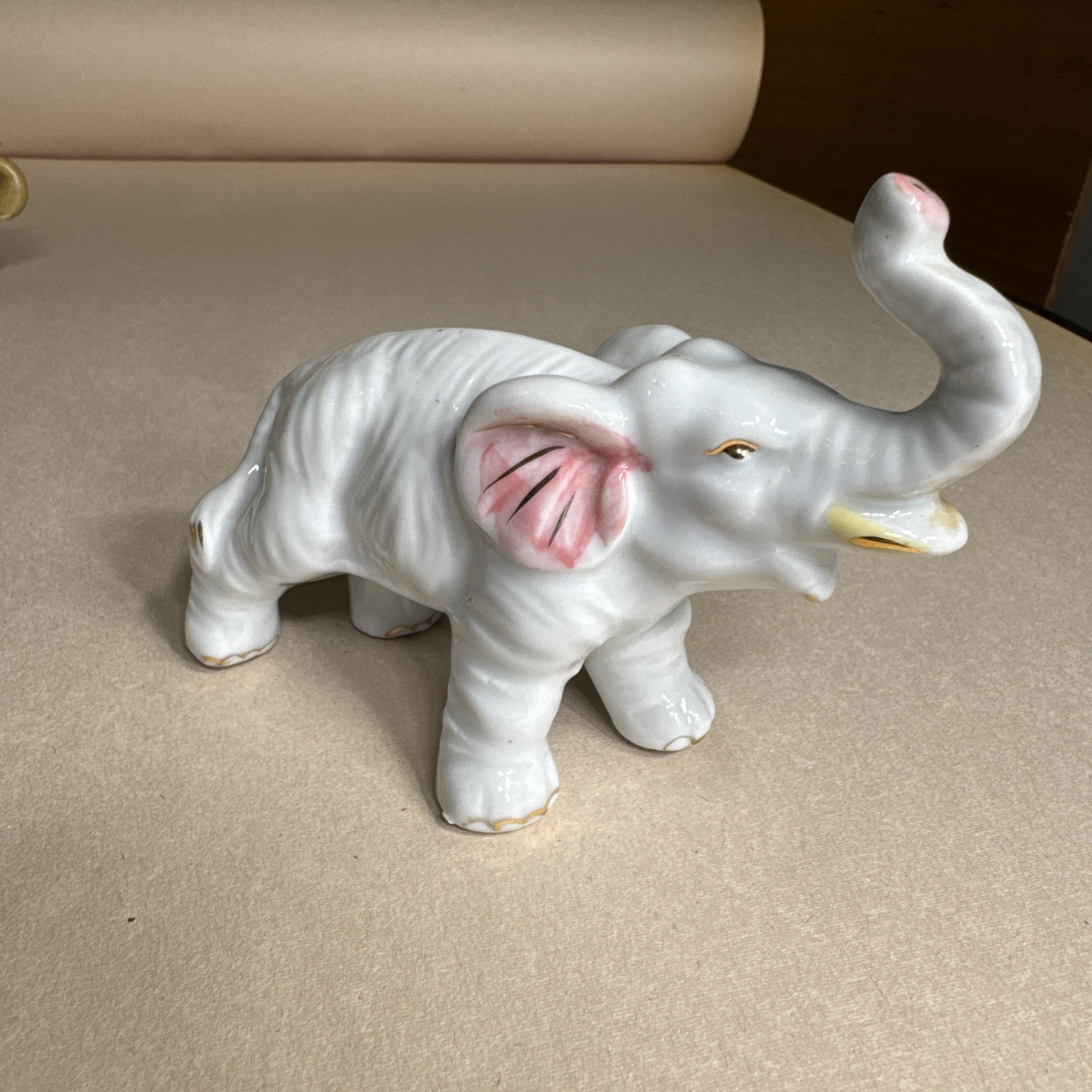Vintage White Porcelain Elephant Figurine Trunk Up Glossy Ceramic