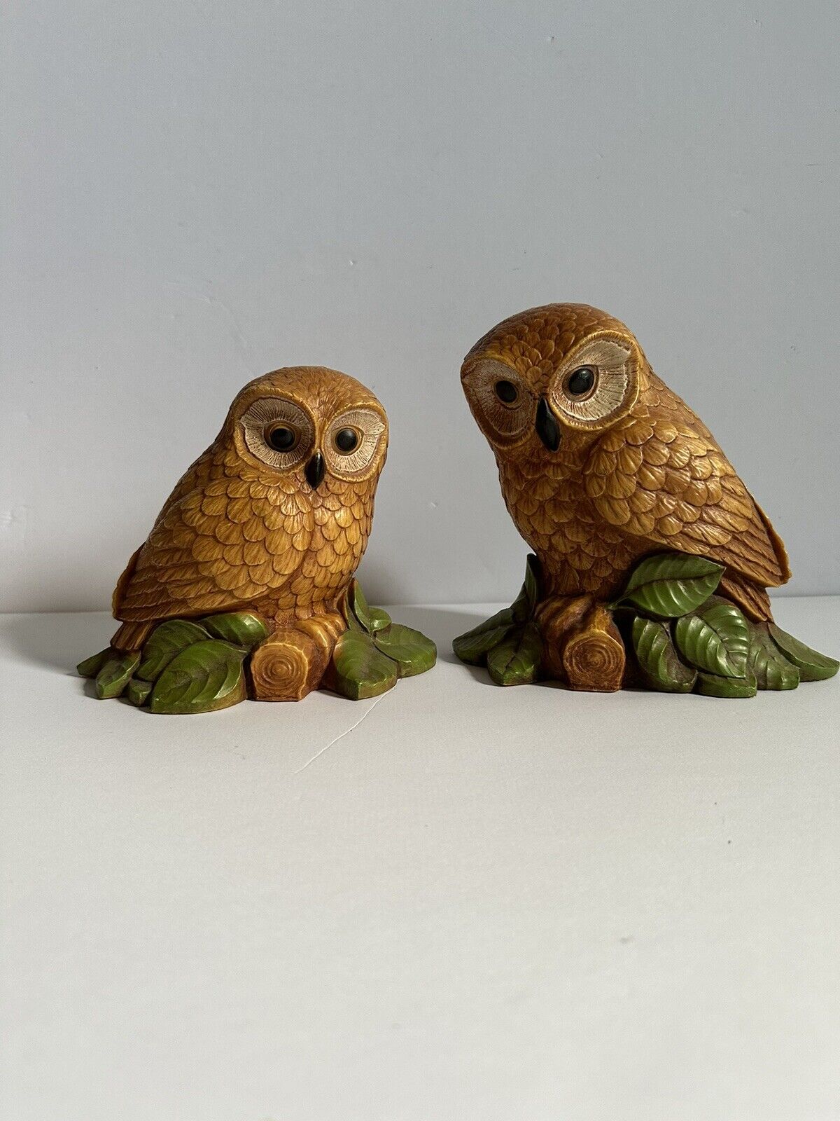 Vintage Owl Figurine, 2 Owls, Life Like Owl Decorations, Wood Base