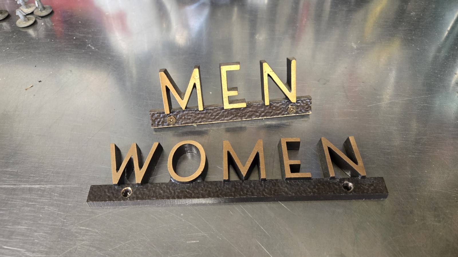 Vintage Cast Bronze Restroom Sign Set Heavy Men Women Industrial Salvage Plaque