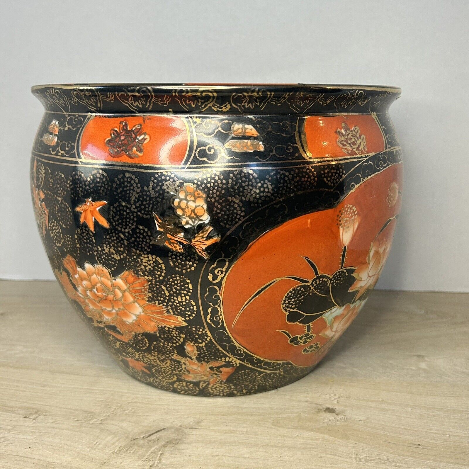 Vintage Large Chinese Koi Fish Bowl Jardiniere Pot Planter Hand Painted