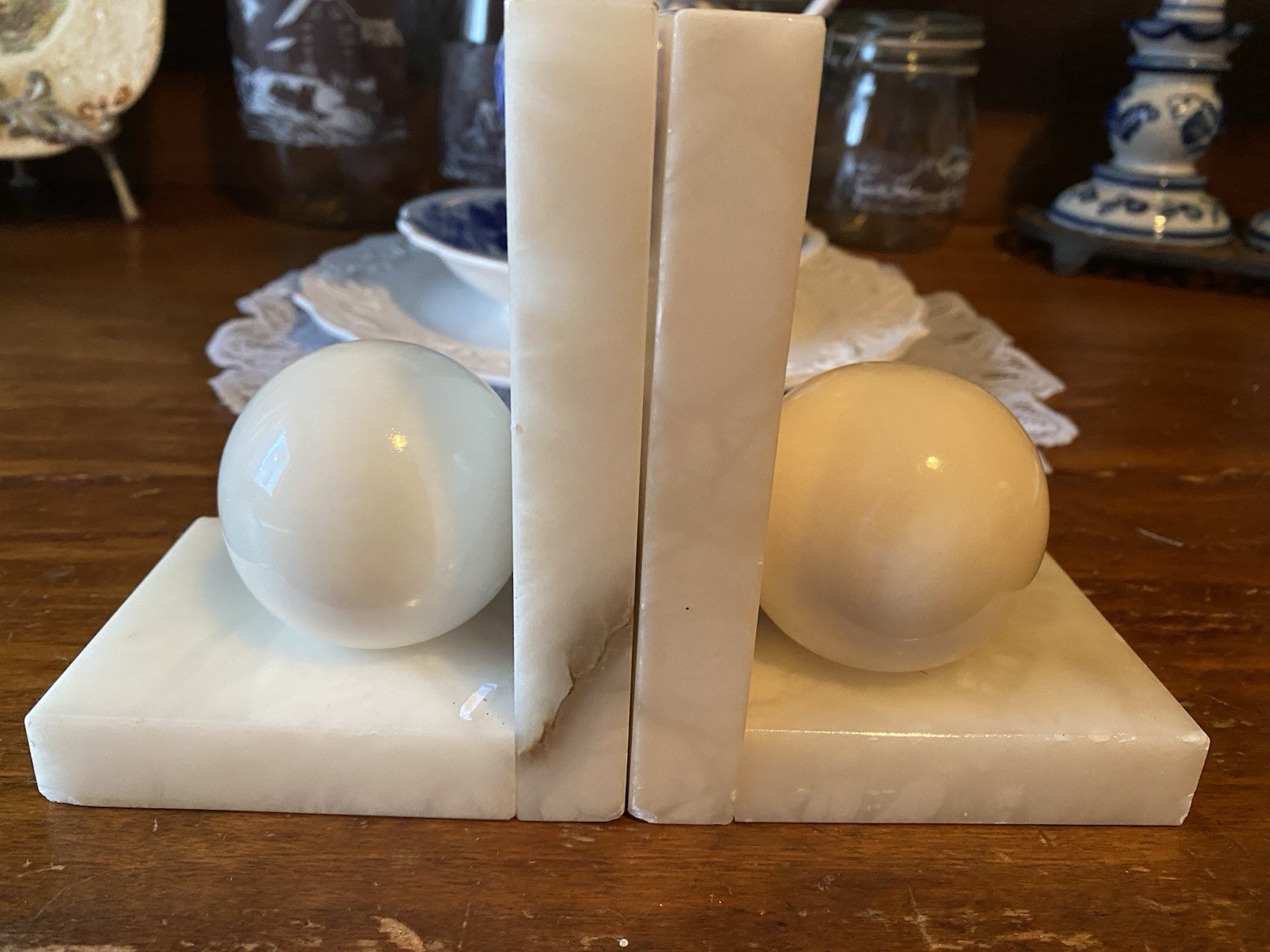 VTG J.A.Y. Genuine Alabaster BOOKENDS Spain Cream Round Sphere Rectangle Base