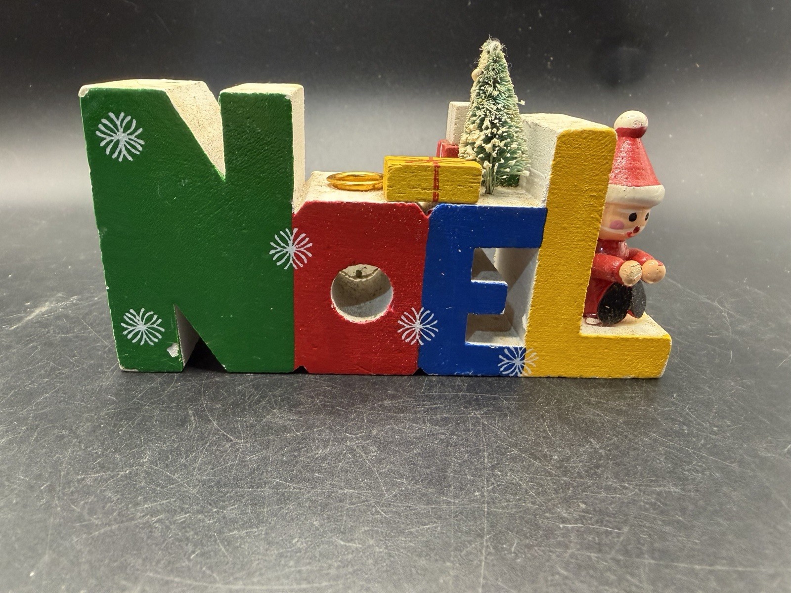 Vintage Wooden NOEL Christmas Candle Holder Pixie Santa Sisal Tree Taiwan