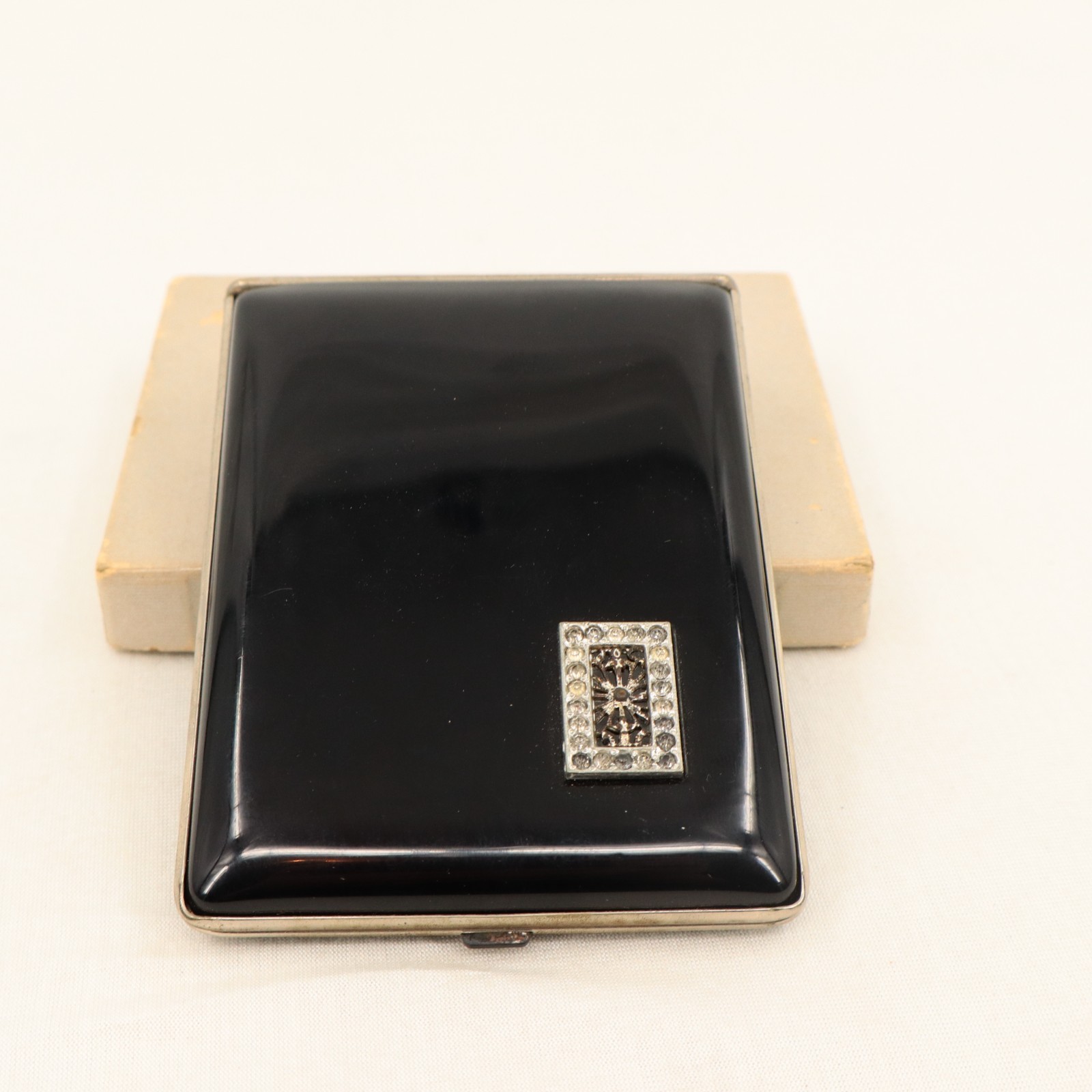 VTG 1930s Art Deco NOS Black Cigarette Case Rhinestone Accent Original Box