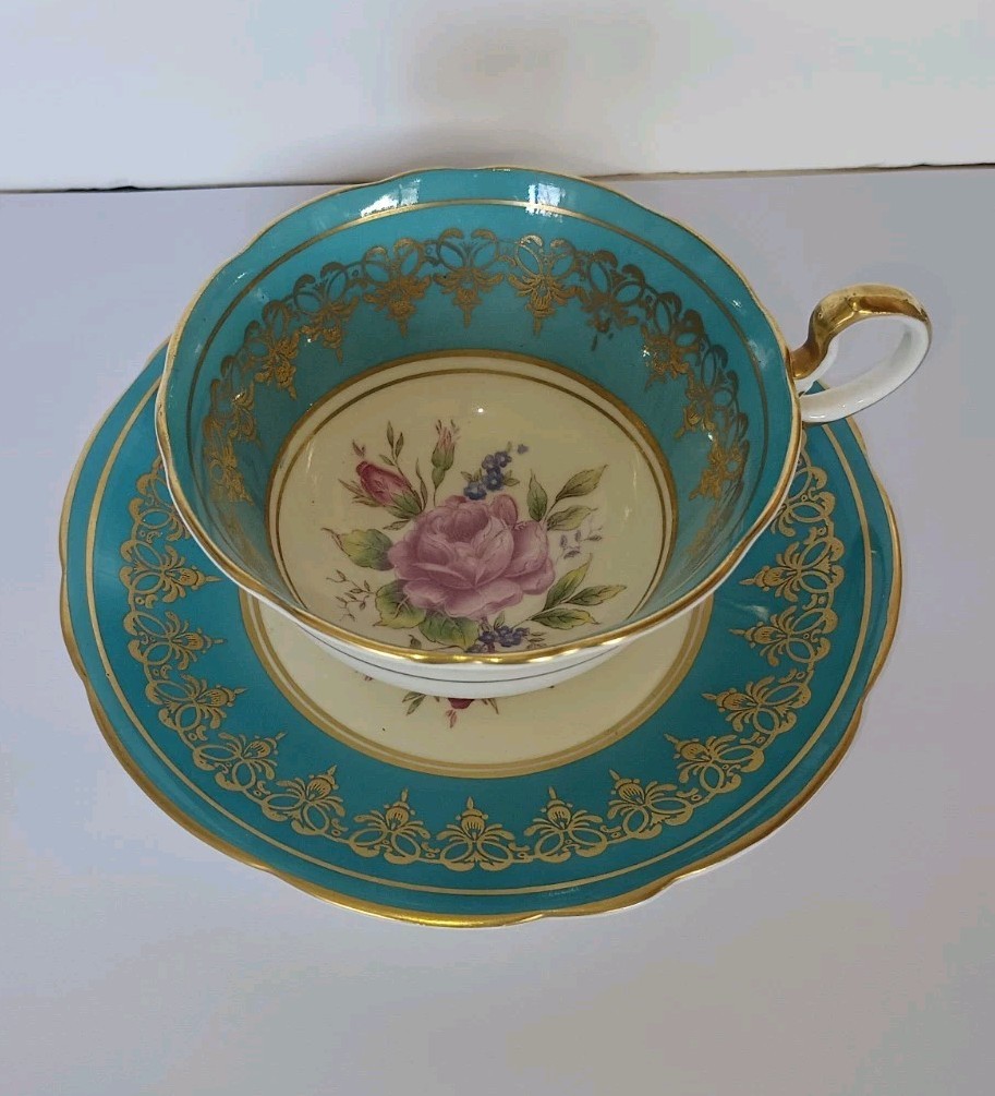 Vintage Aynsley Turquoise and Gold Cabbage Rose Bone China Cup and Saucer