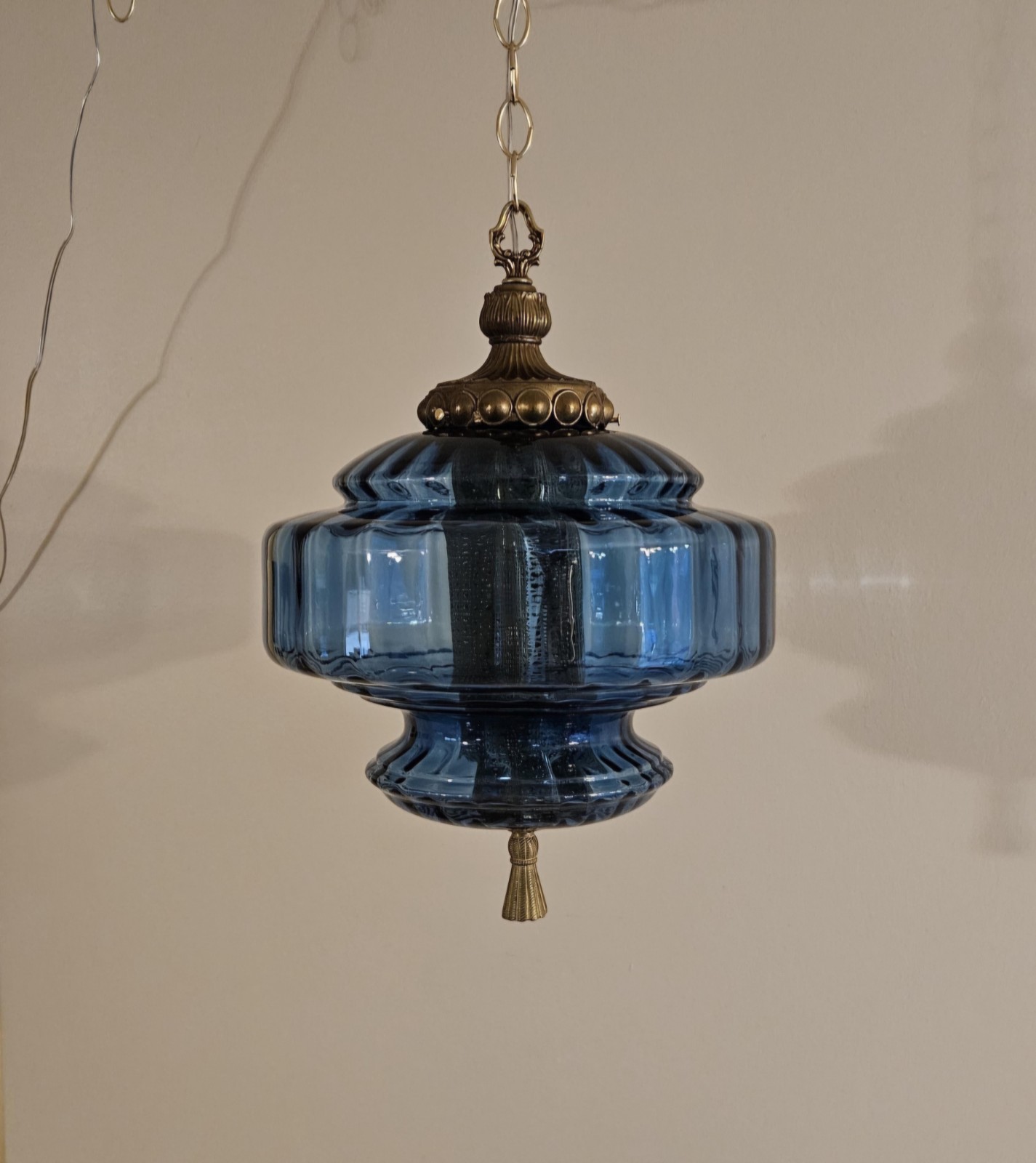 BLUE Falkenstein Antique Hanging Glass Globe Vintage Light Swag Lamp Retro 