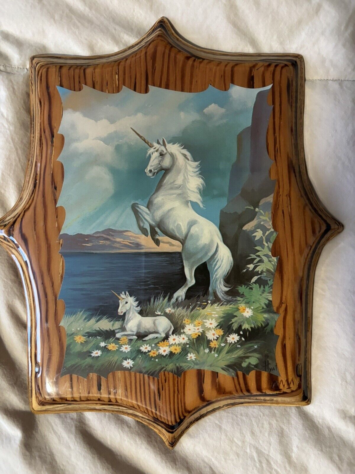 Vtg Unicorn Plaque Wooden Laquer 80s Princess Mythological Fantasy 
