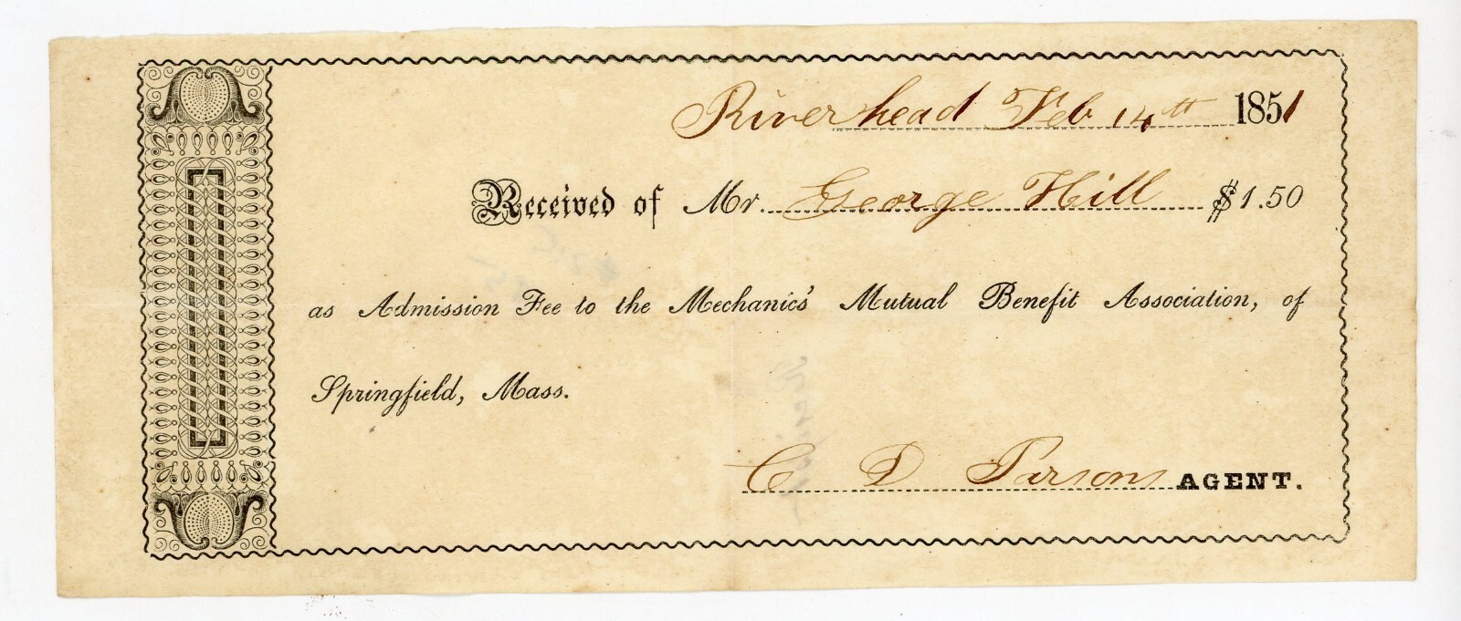1851 Mechanics\' Mutual Benefit Association Admission Receipt – Riverhead, NY 1851 Mechanics\' Mutual Benefit Association Admission Receipt – Riverhead, NY