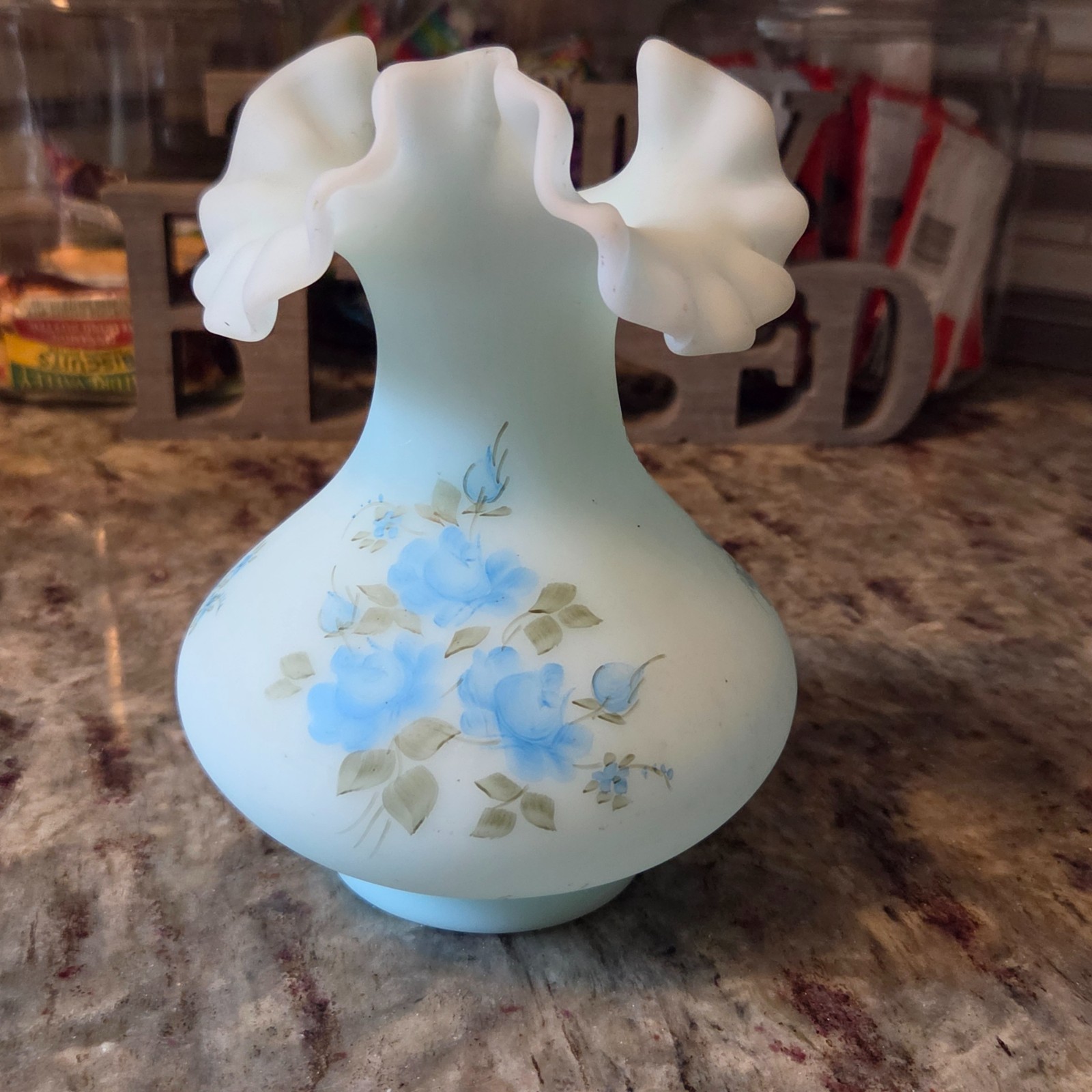 Vintage Fenton Blue Satin Glass Ruffled Vase Hand Painted signed Nancy Rogers 7