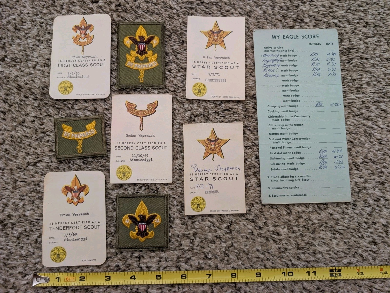 Vintage 1969-1972 Boy Scout BSA Lot - Rank Cards, Patches & Eagle Scout Tracker