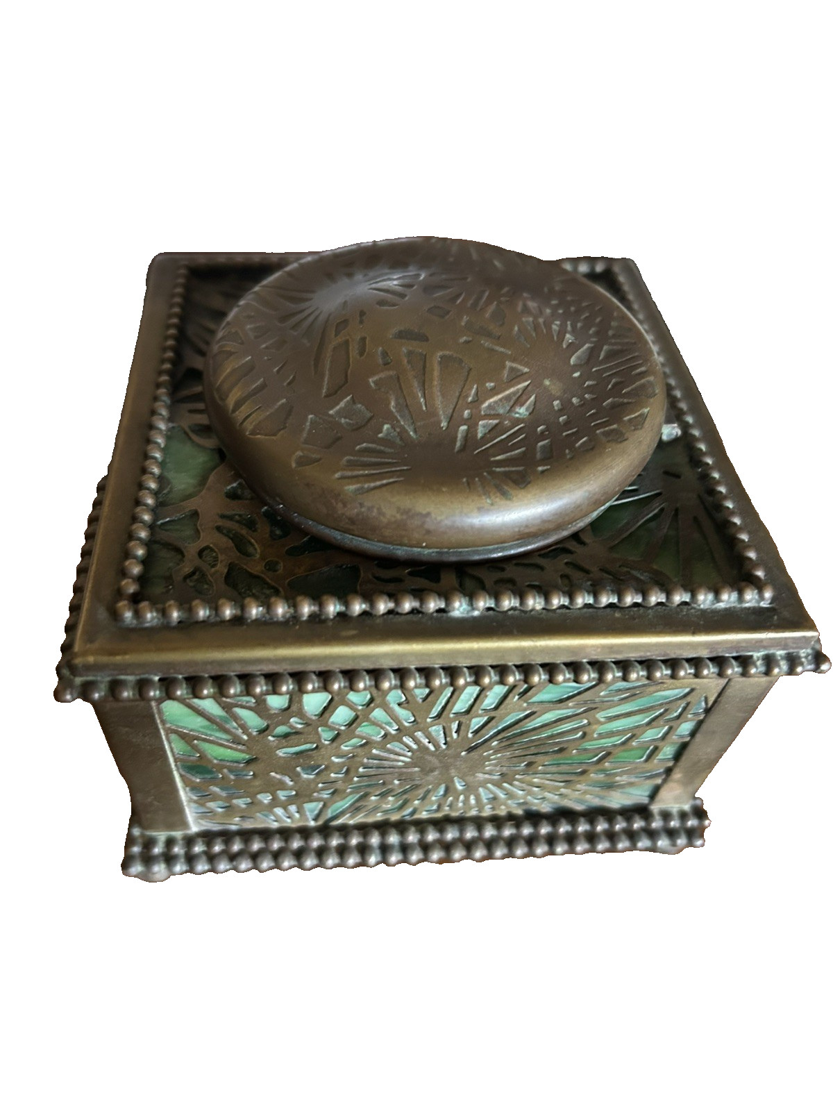 Authentic Tiffany Studios NY Pine Needle Inkwell #91 Bronze & Favrile Glass 