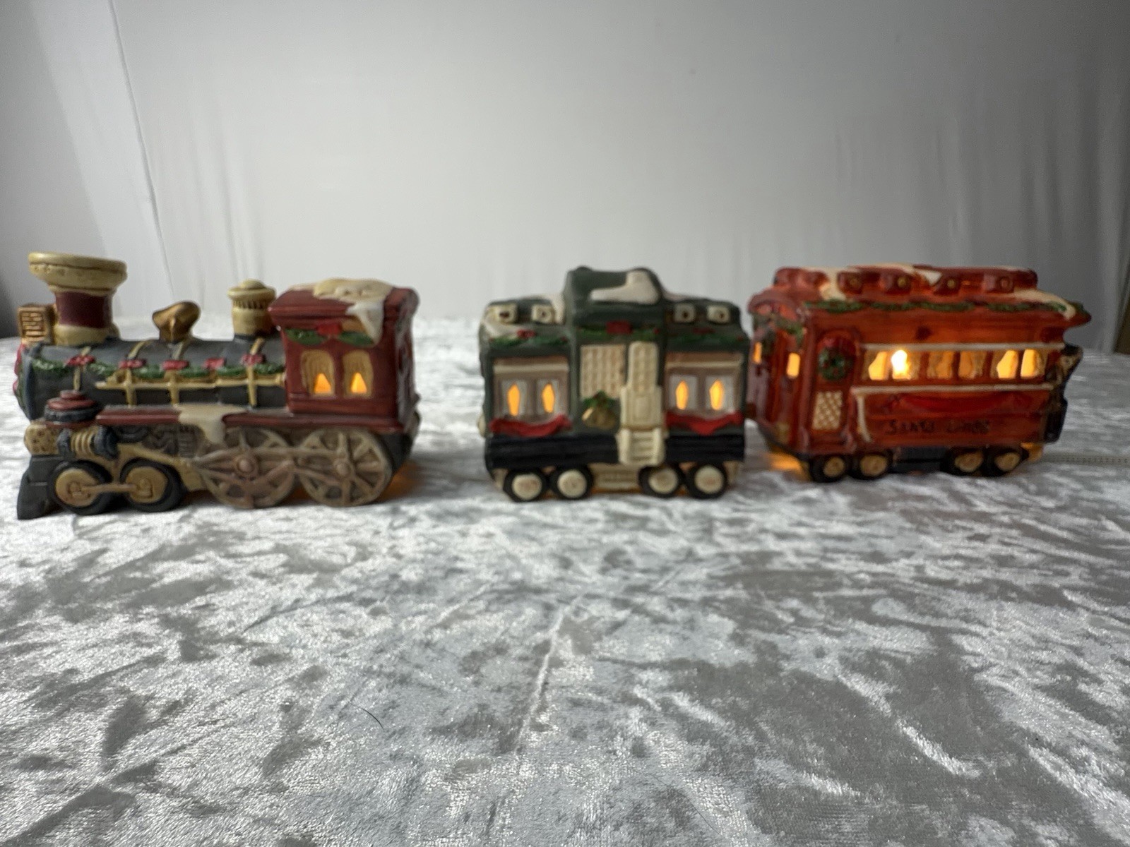 Vintage 1993 Lighted Ceramic Christmas Train Set 3 Pc Locomotive Holiday Decor