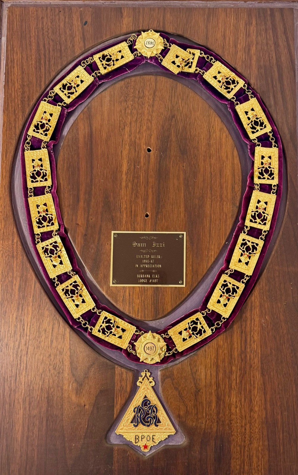 Vintage BPOE Exalted Ruler Medal Elks Lodge Burbank #1419 Collar on wall plaque Vintage BPOE Exalted Ruler Medal Elks Lodge Burbank #1419 Collar on wall plaque