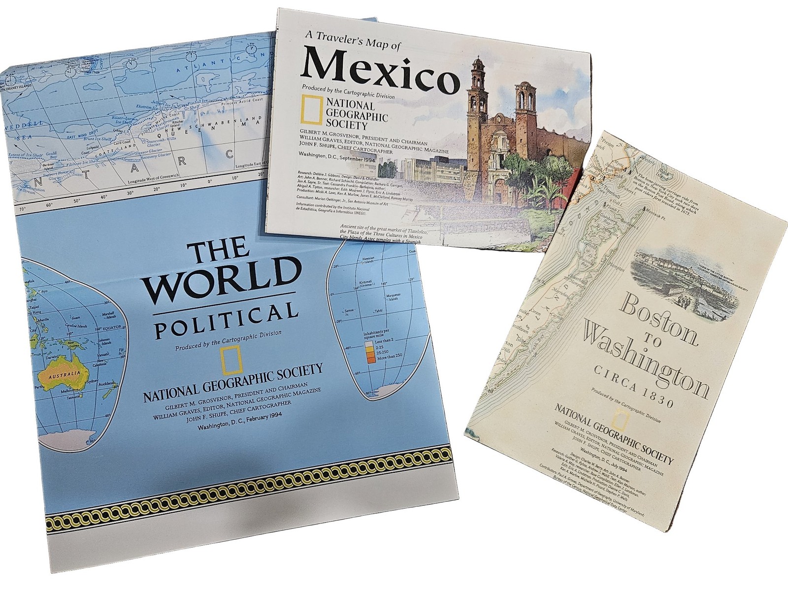 Set of 3 National Geographic 1994 Maps Insert Political Mexico Boston Washington