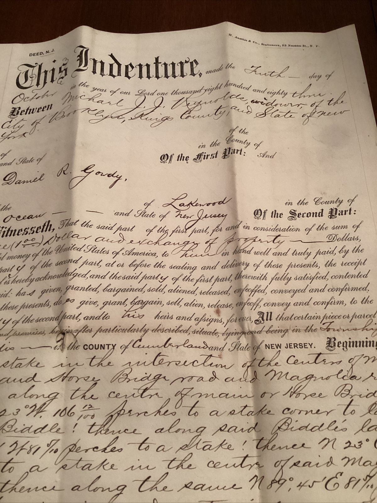 1883 Handwritten Deed Michael J Reynolds Brooklyn NY Daniel R Gowdy Lakewood NJ 1883 Handwritten Deed Michael J Reynolds Brooklyn NY Daniel R Gowdy Lakewood NJ