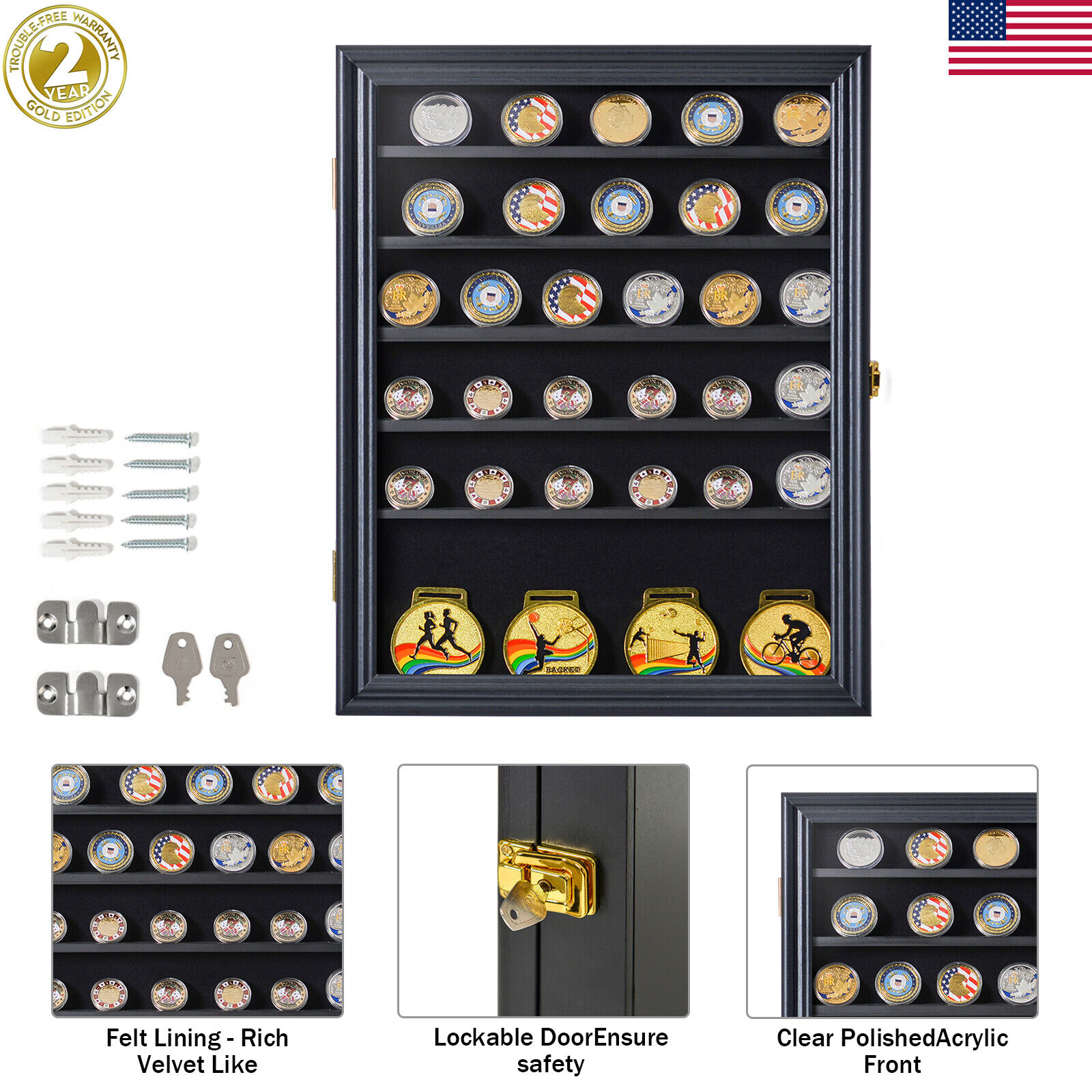 6 Shelf LOCKABLE Military Challenge Coin Medal Display Case Cabinet Acrylic Door