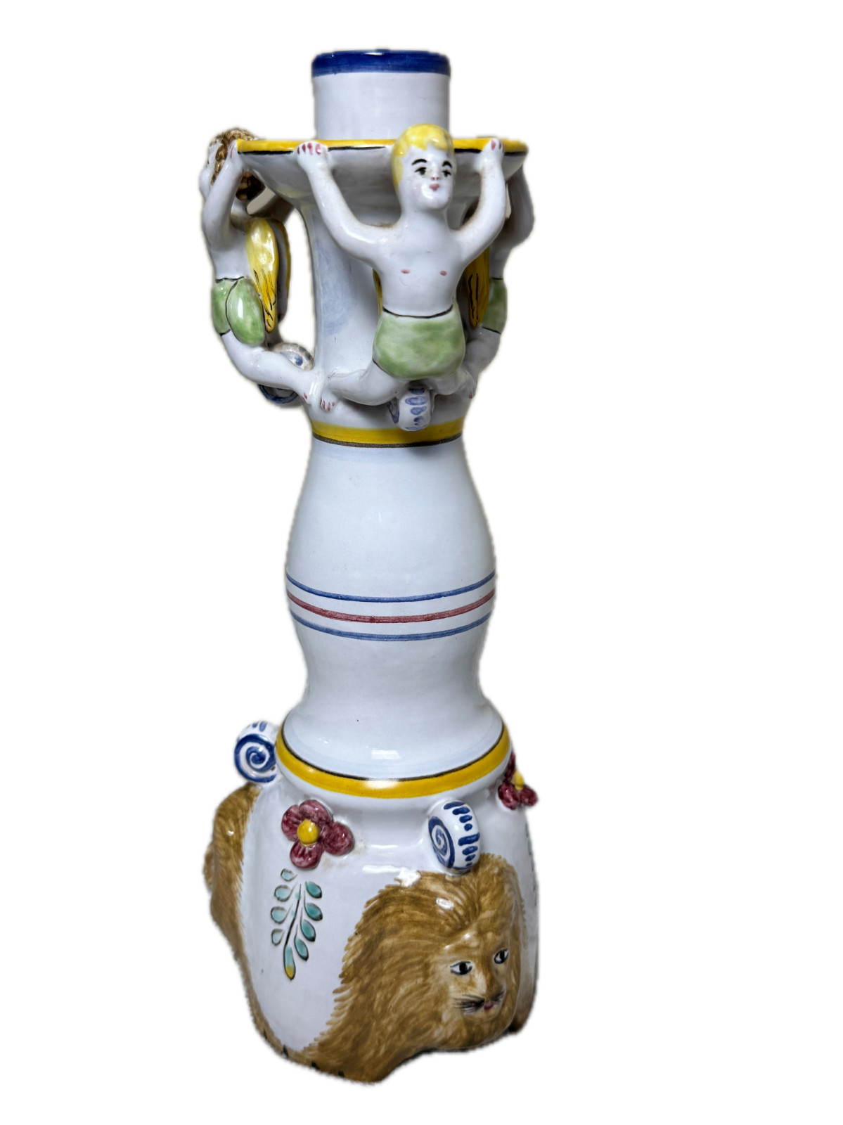 Vtg Italian Majolica Style Figural Candlestick Candle Holder Lion Cherubs 10