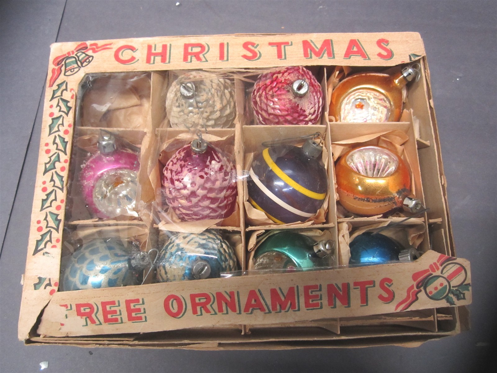 Vintage 1950\'s Glass Christmas Tree Ornaments Mixed Shapes and Styles - Qty 11
