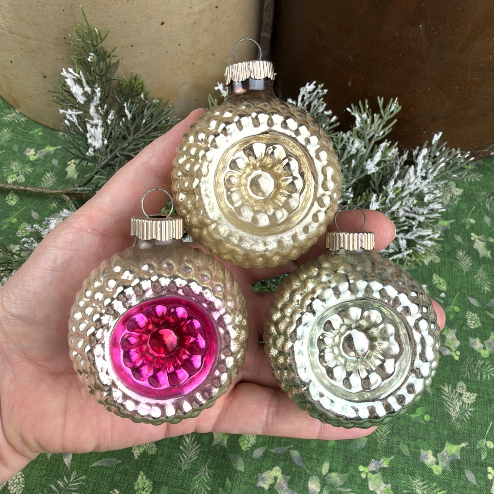 VTG Shiny Brite Mercury Glass Christmas Ornaments Bumpy Double Indent Lot 3 MCM