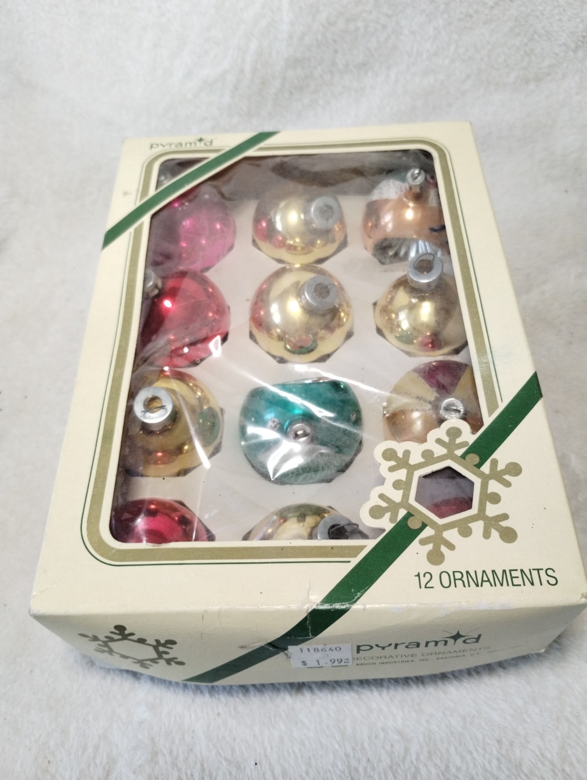 Vintage Pyramid Glass Christmas Ornaments 12 Count Reflector Balls Original Box