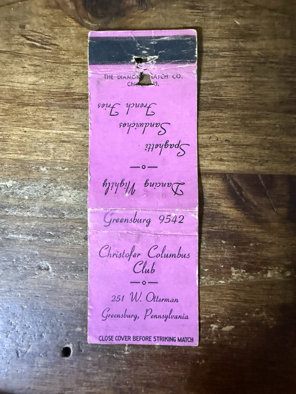 H450 Christofer Columbus Club Greensburg Pennsylvania Vintage Matchbook Cover
